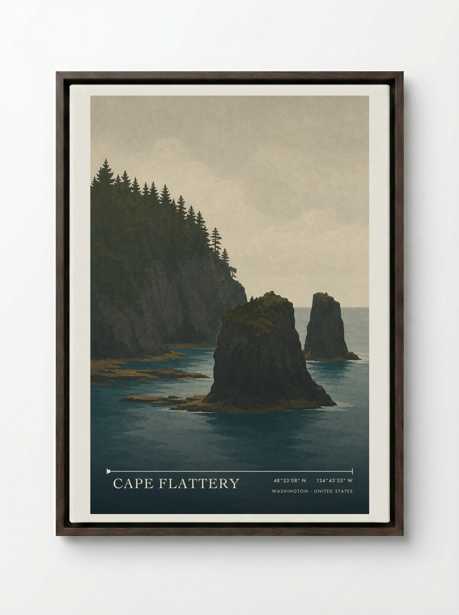 Cape Flattery Travel Poster Artwork - Framed Canvas Dark Wood