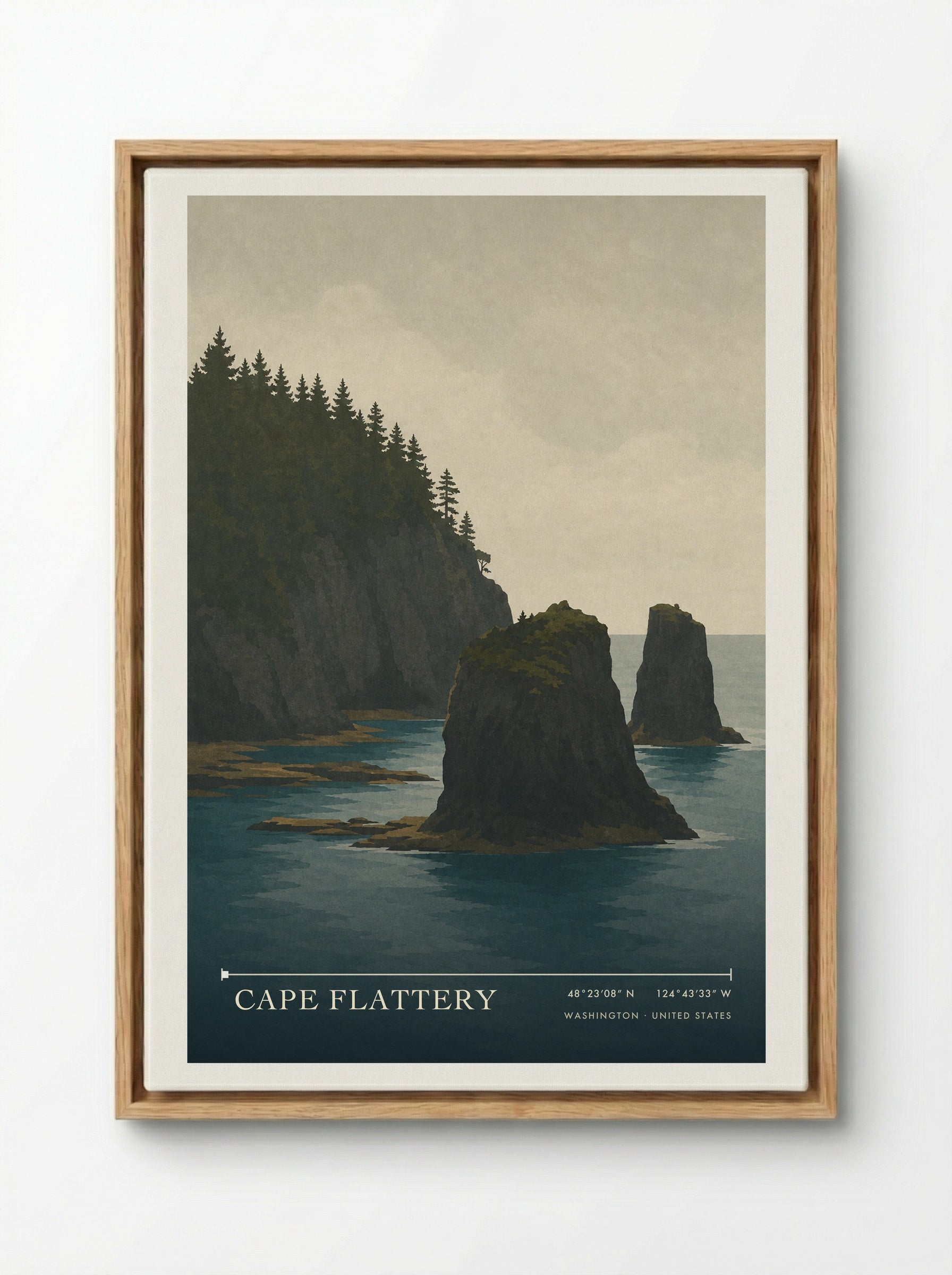 Cape Flattery Travel Poster Artwork - Framed Canvas Wood