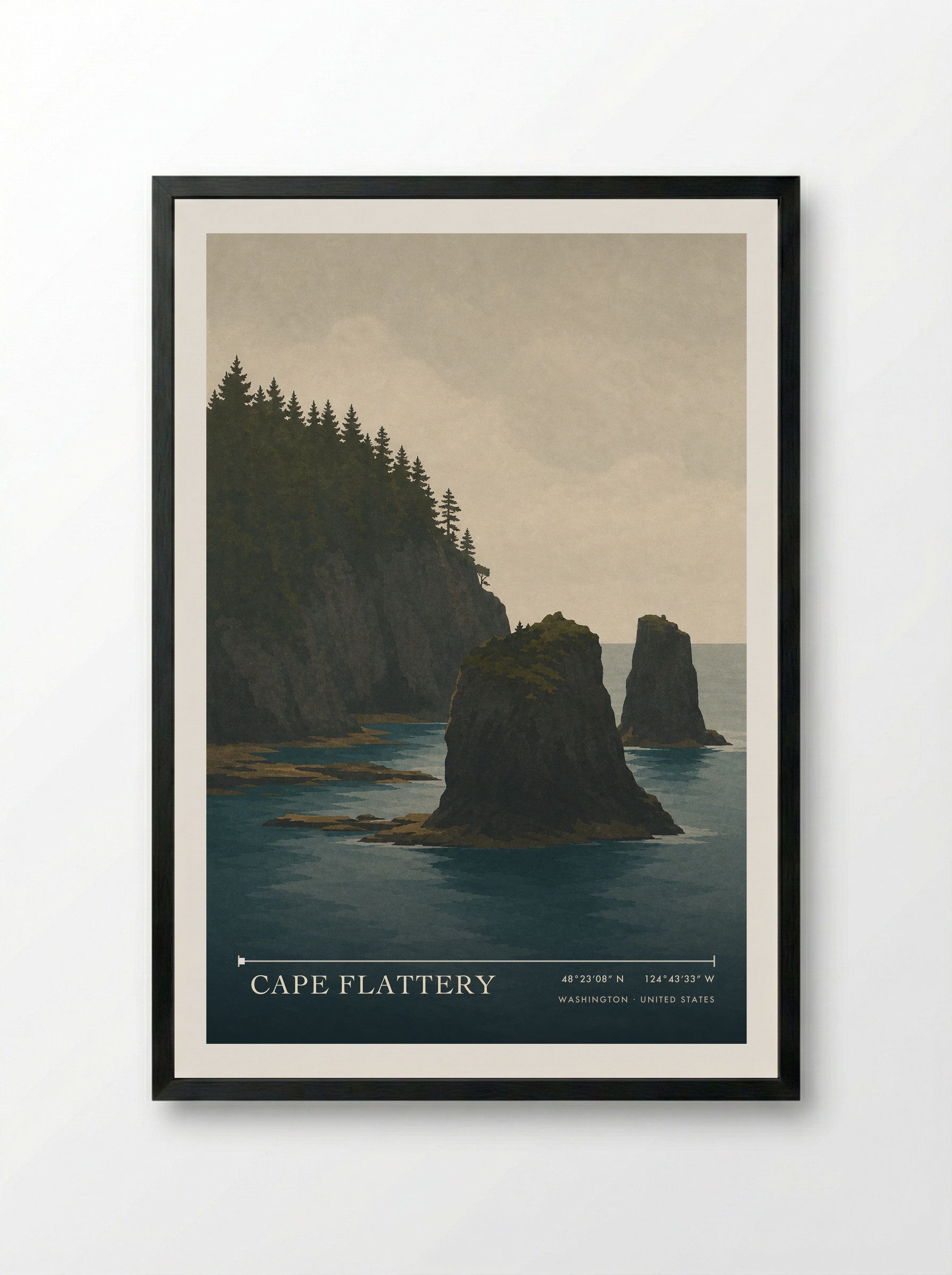 Cape Flattery Travel Poster Artwork - Framed Print Black