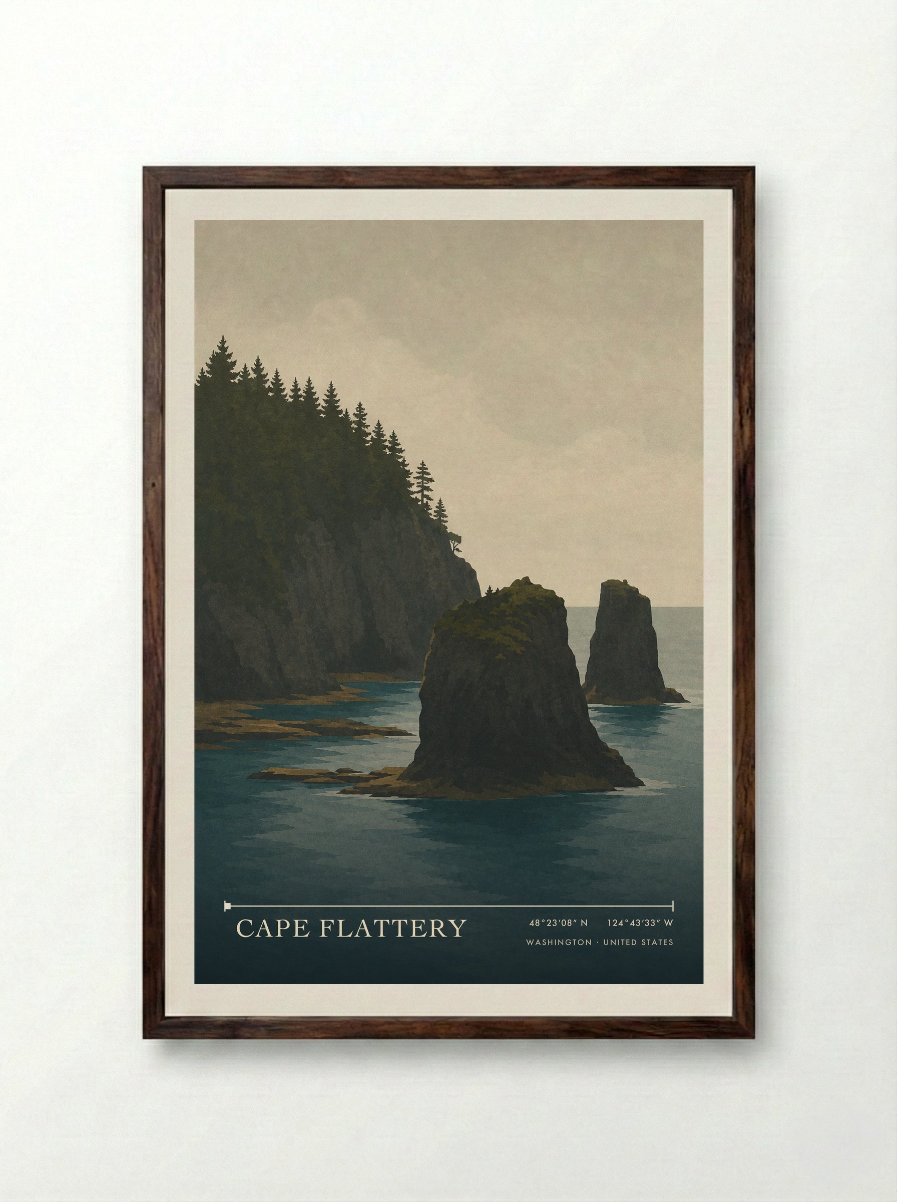 Cape Flattery Travel Poster Artwork - Framed Print Dark Wood