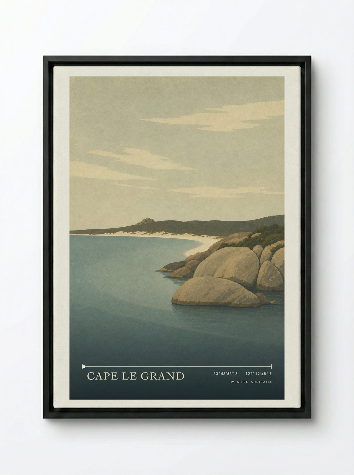 Cape Le Grand Travel Poster Artwork - Framed Canvas Black