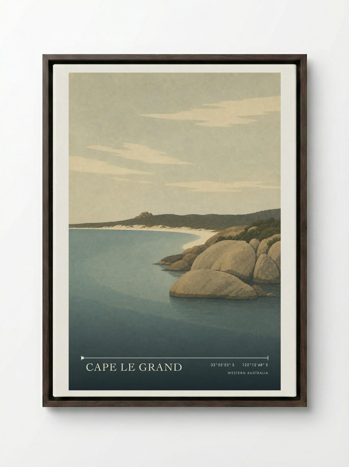 Cape Le Grand Travel Poster Artwork - Framed Canvas Dark Wood