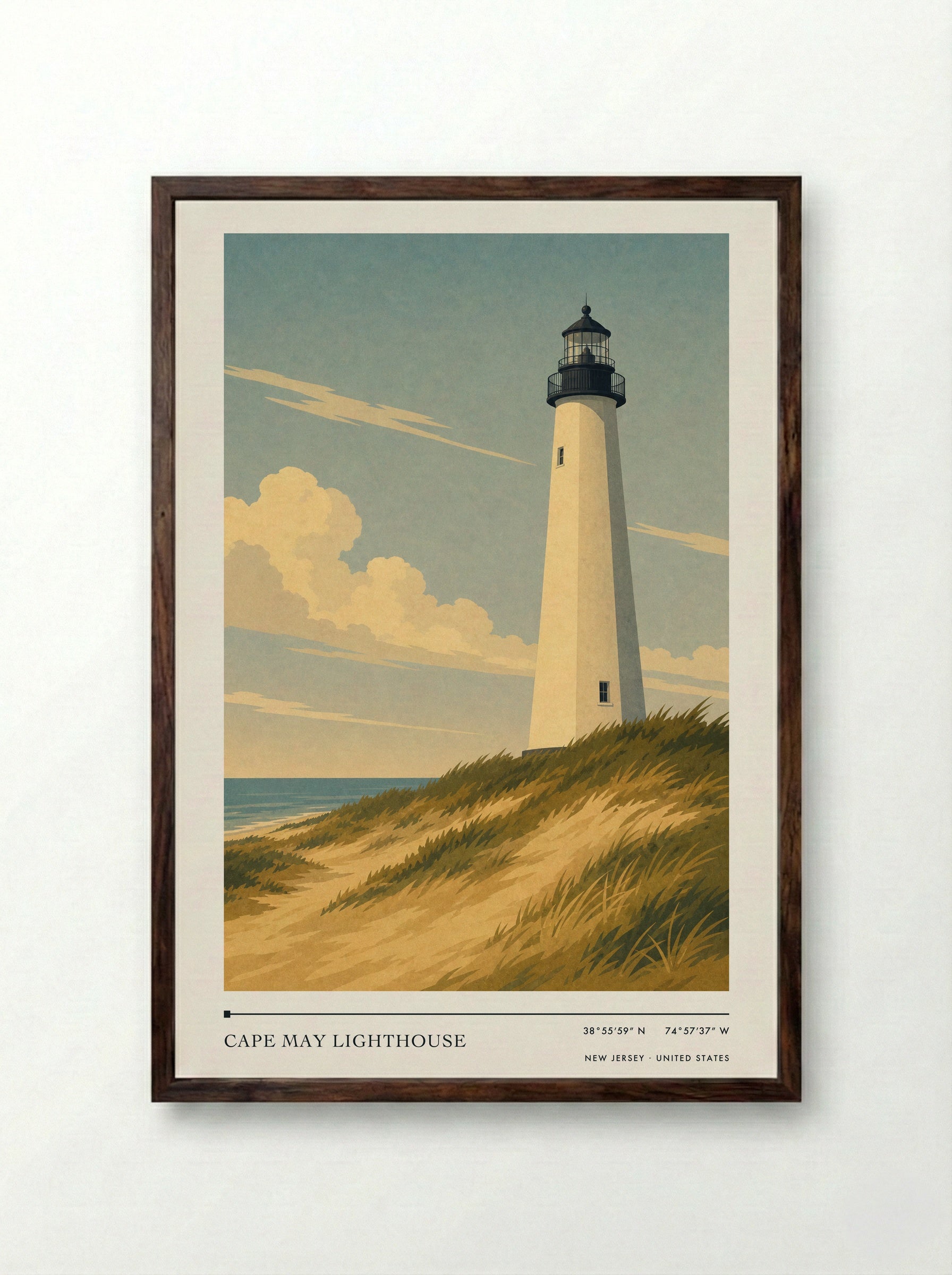 Cape May Lighthouse New Jersey United States Travel Poster - Framed Print Dark Wood