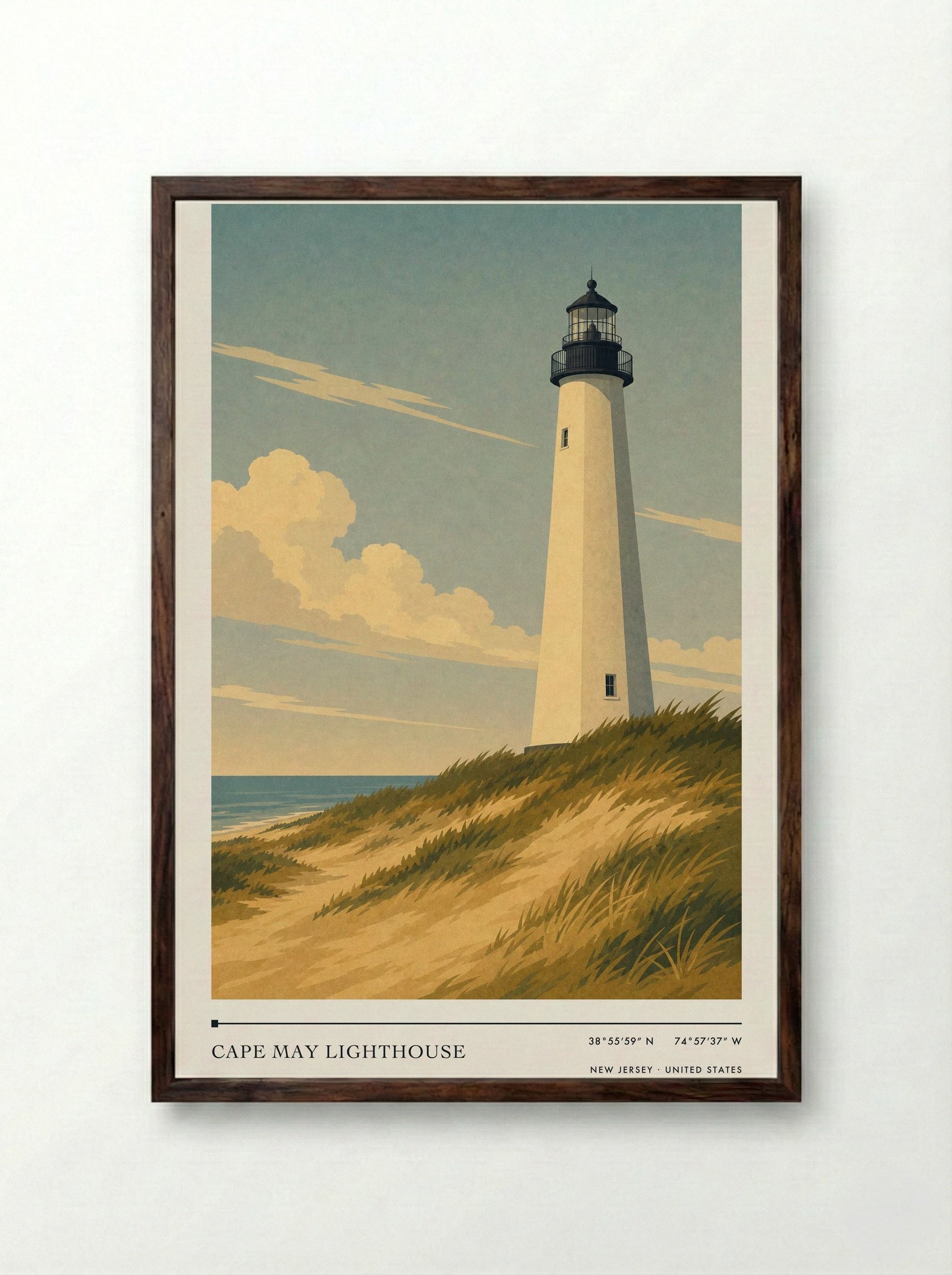 Cape May Lighthouse New Jersey United States Travel Poster - Framed Print Dark Wood