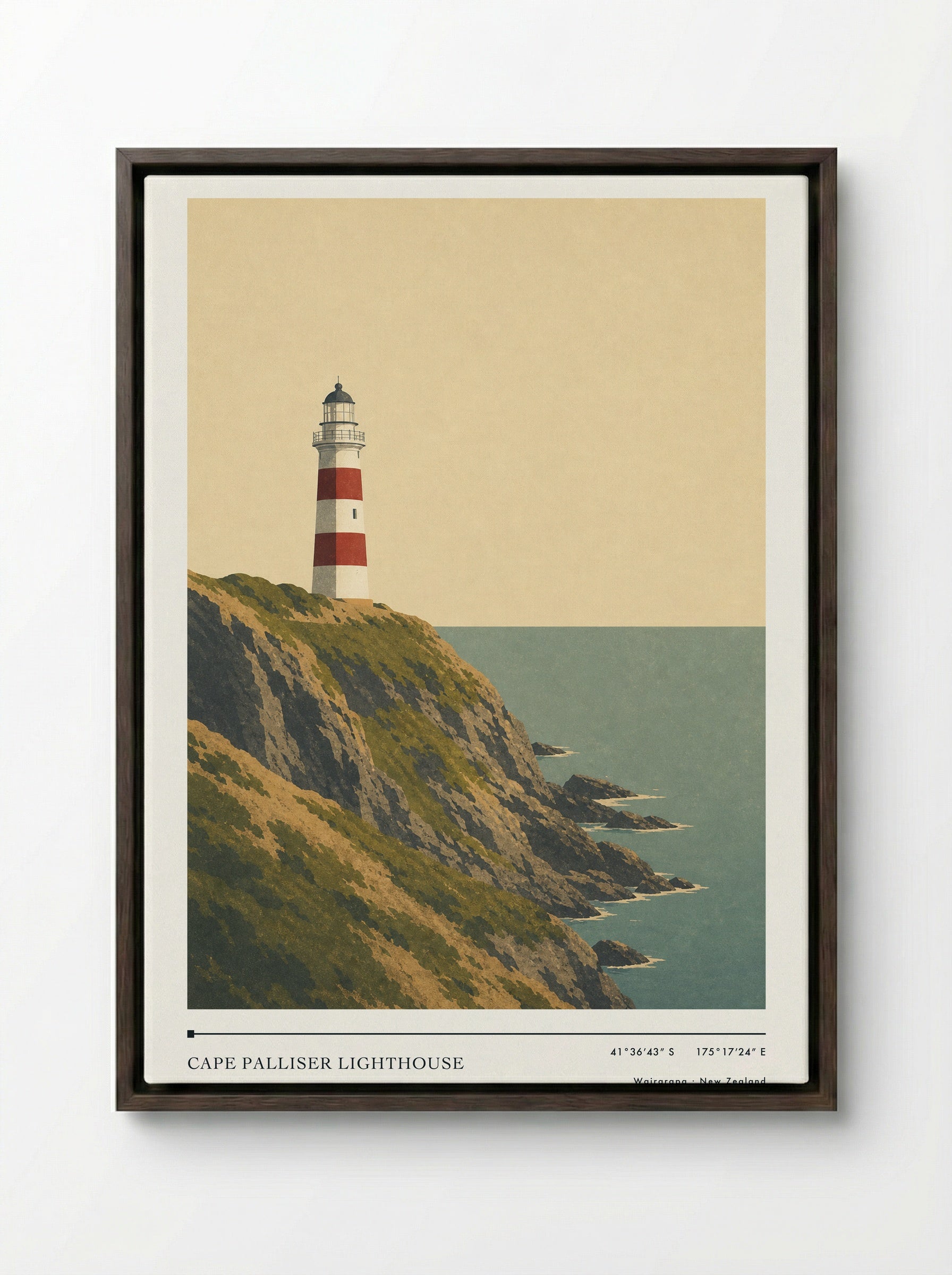 Cape Palliser Lighthouse Travel Poster Artwork - Framed Canvas Dark Wood