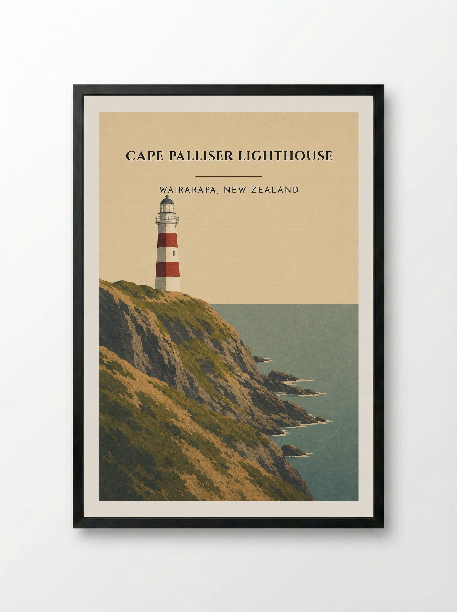 Cape Palliser Lighthouse Travel Poster Artwork - Framed Print Black