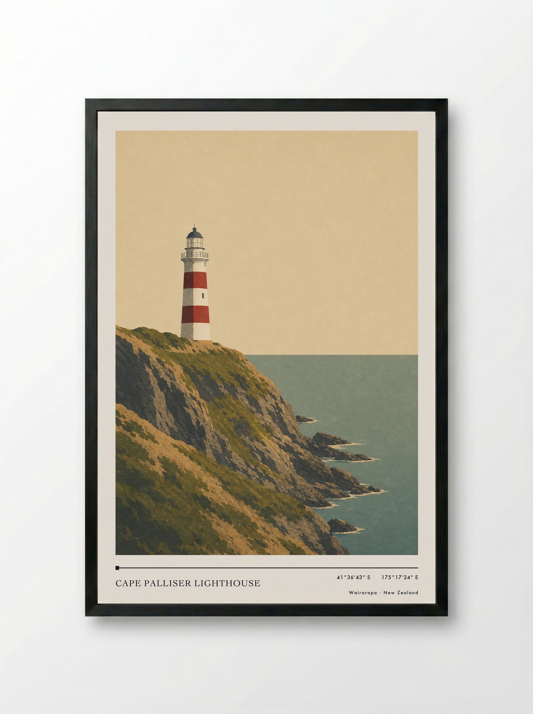 Cape Palliser Lighthouse Travel Poster Artwork - Framed Print Black