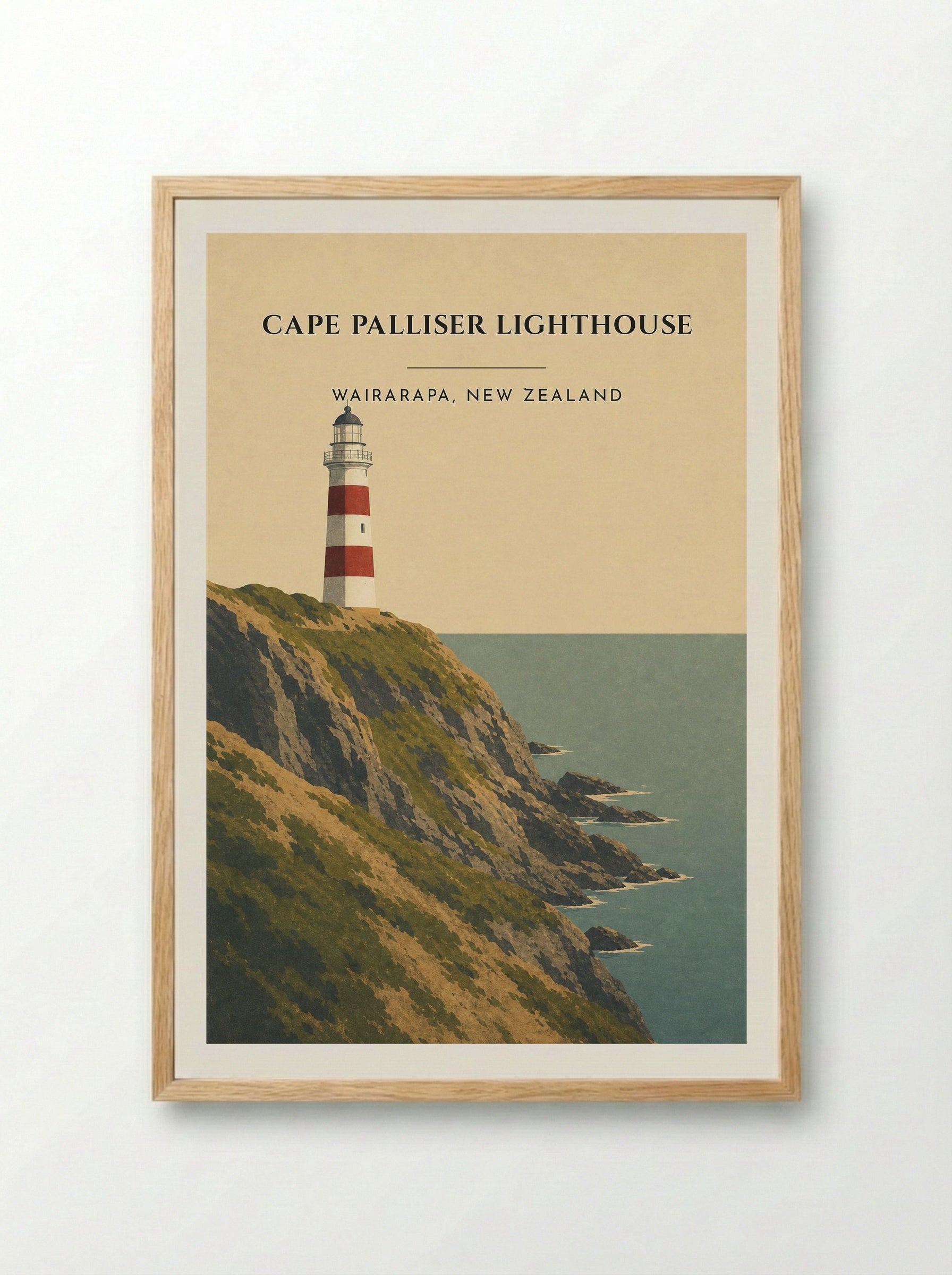 Cape Palliser Lighthouse Travel Poster Artwork - Framed Print Wood