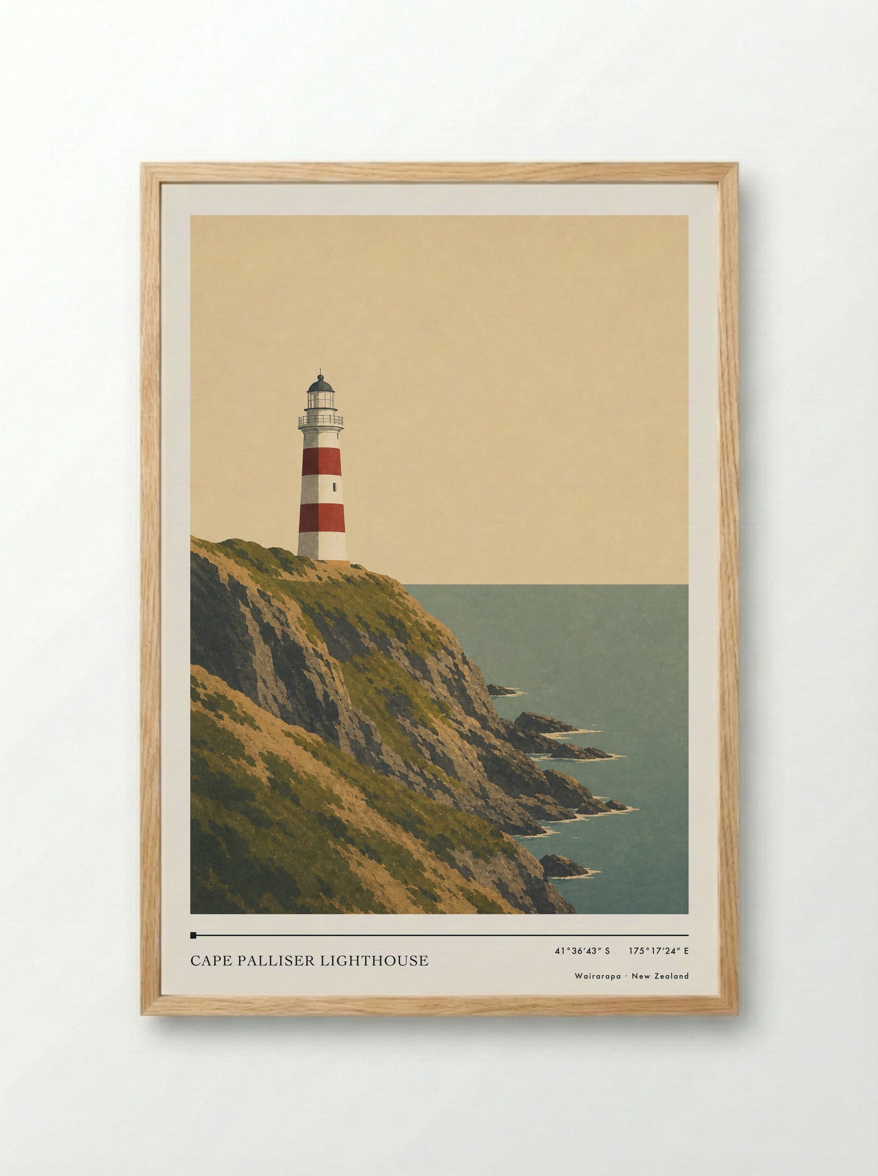 Cape Palliser Lighthouse Travel Poster Artwork - Framed Print Wood