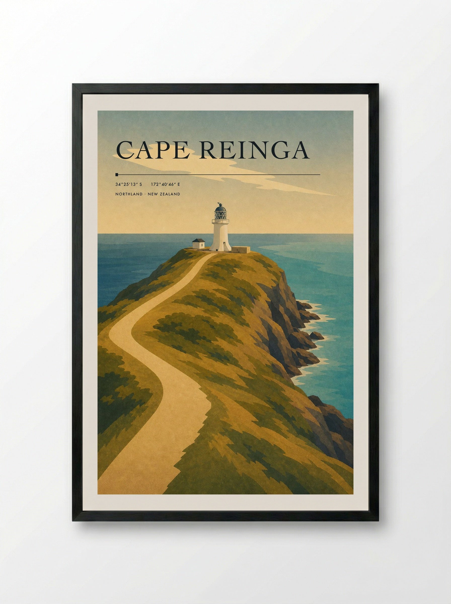 Cape Reinga Travel Poster Artwork - Framed Print Black