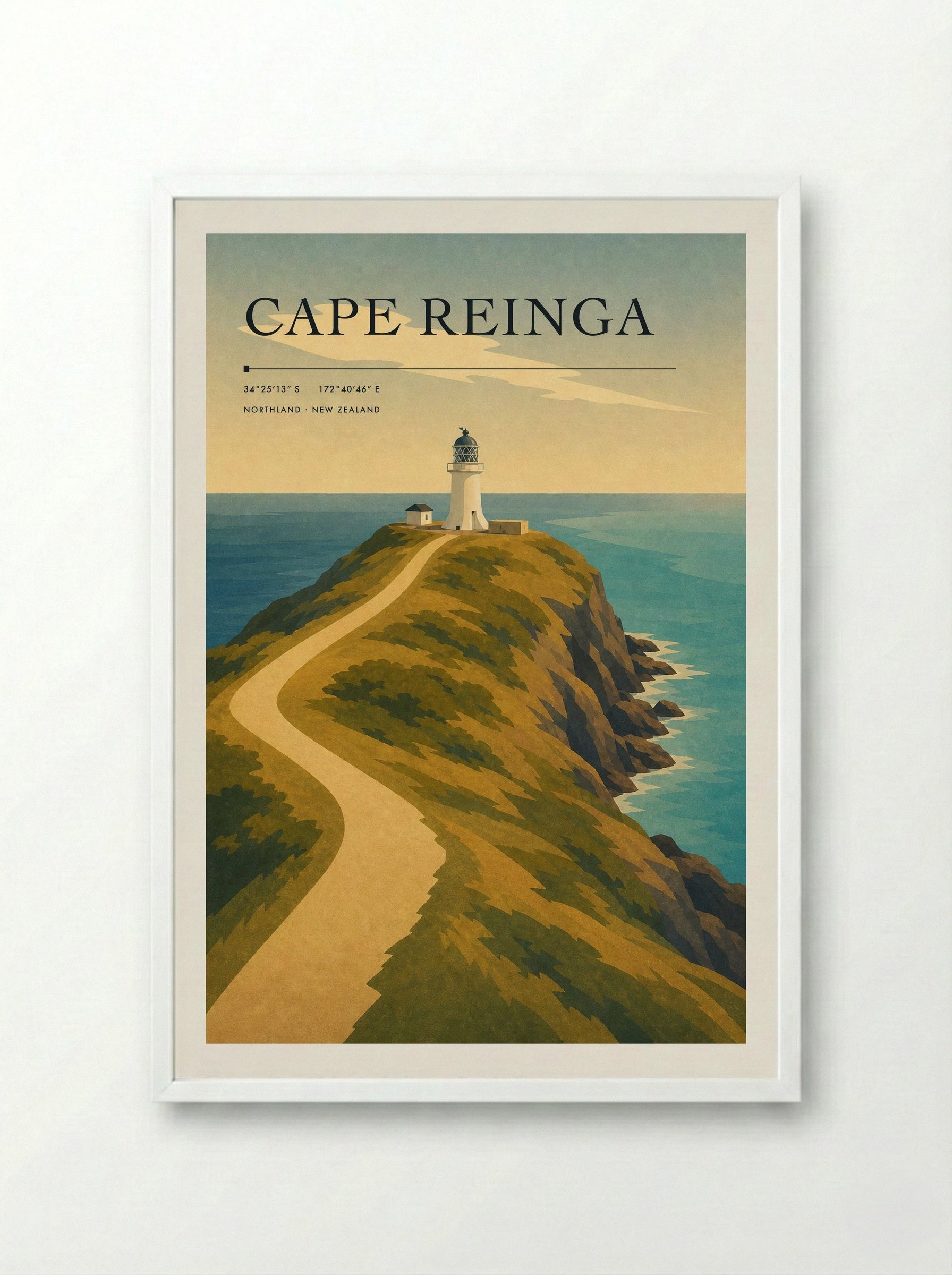 Cape Reinga Travel Poster Artwork - Framed Print White