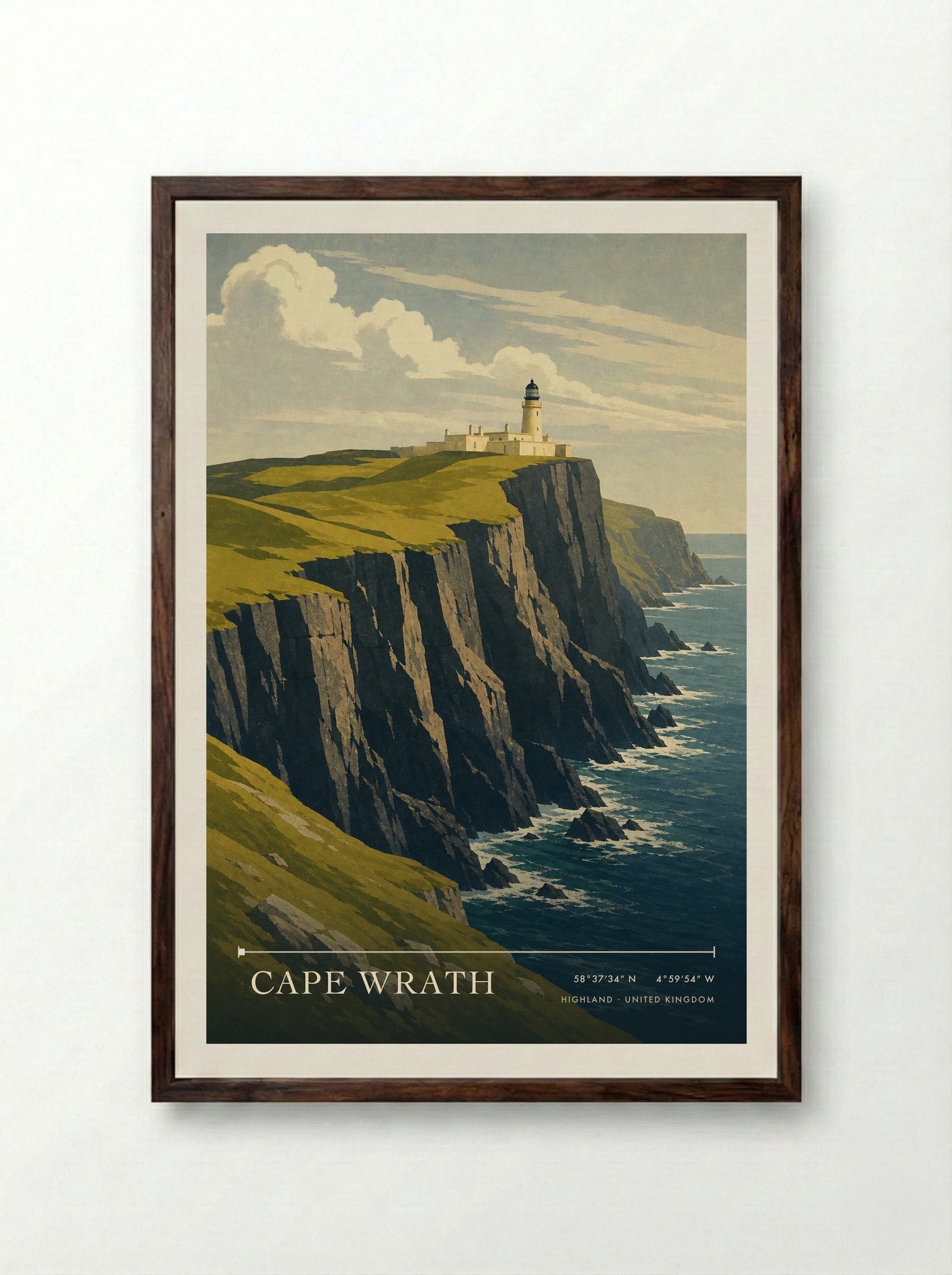 Cape Wrath Highland United Kingdom Travel Poster - Framed Print Dark Wood