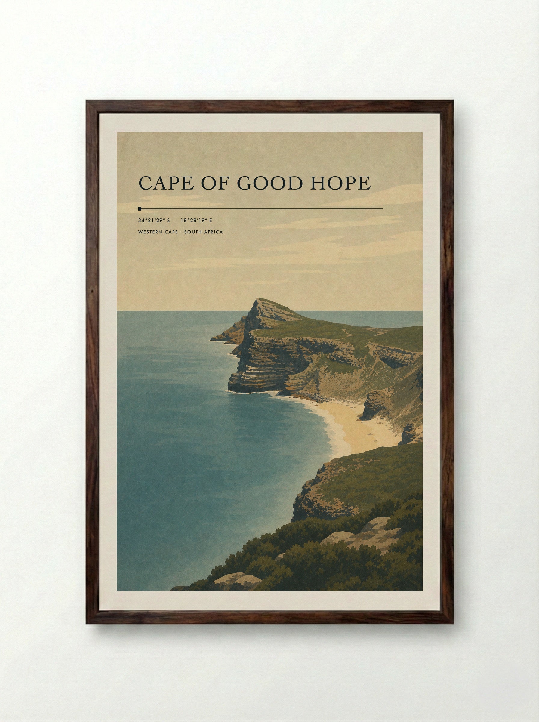 Cape of Good Hope Travel Poster Artwork - Framed Print Dark Wood