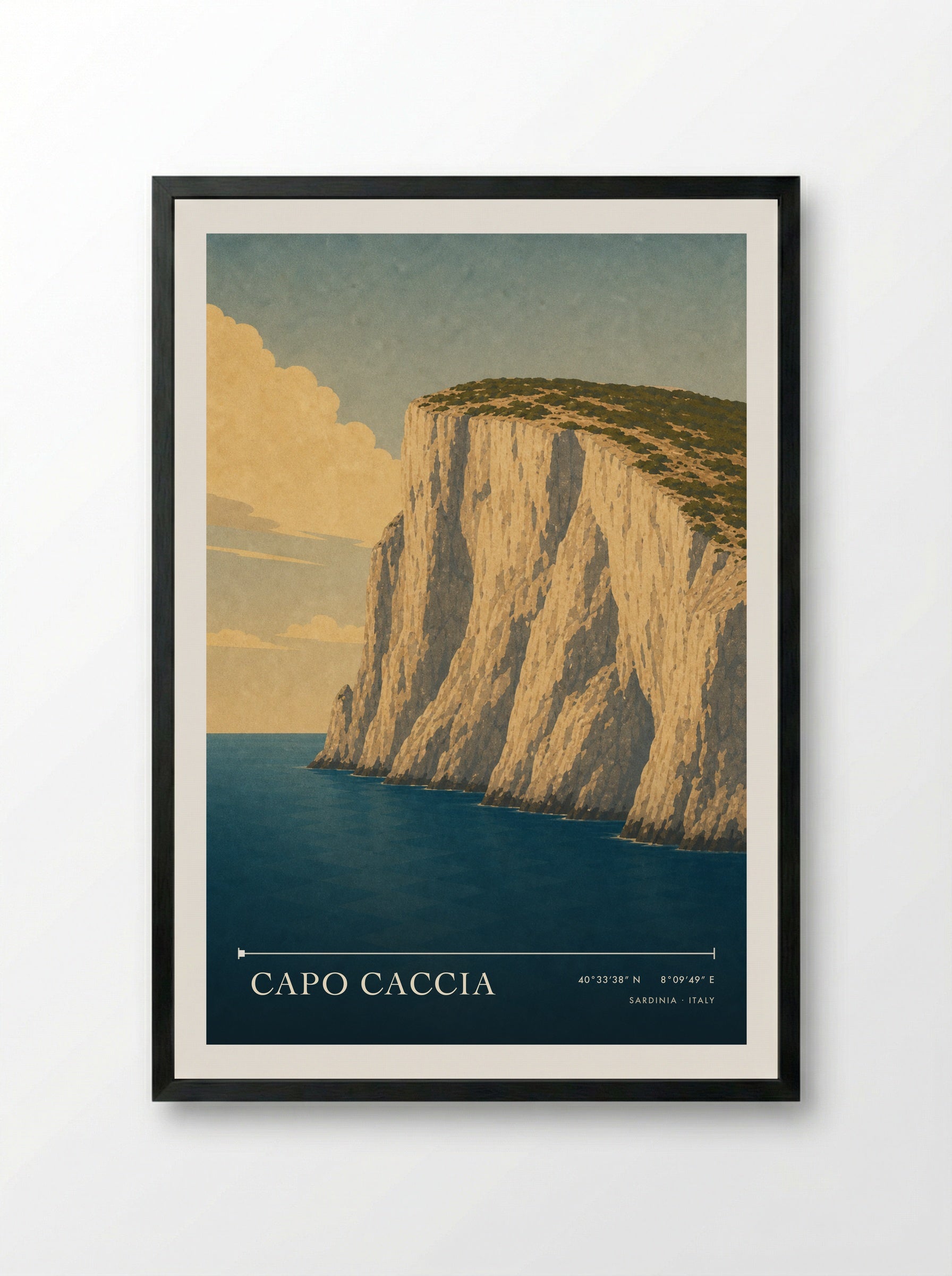 Capo Caccia Travel Poster Artwork - Framed Print Black