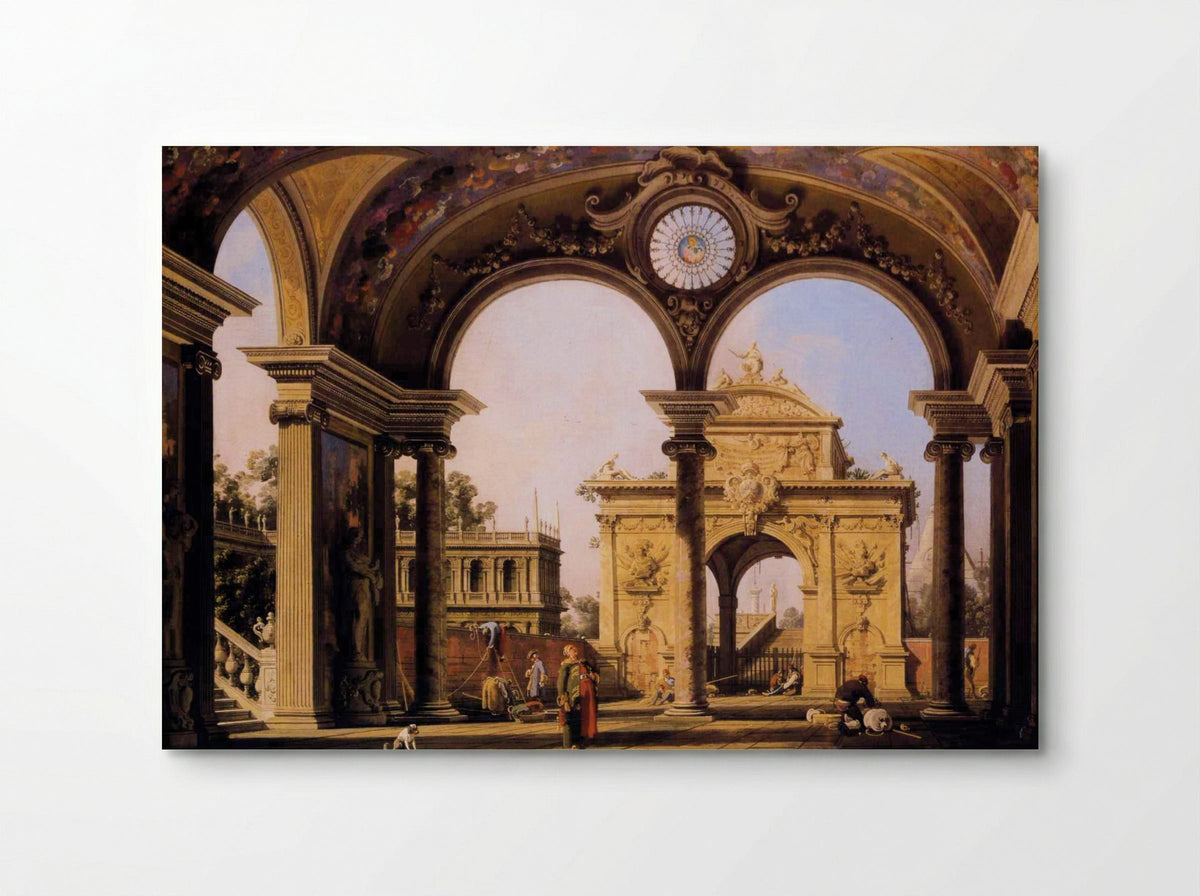 Capriccio of a Renaissance Triumphal Arch seen from the Portico of a Palace - Canaletto - Poster