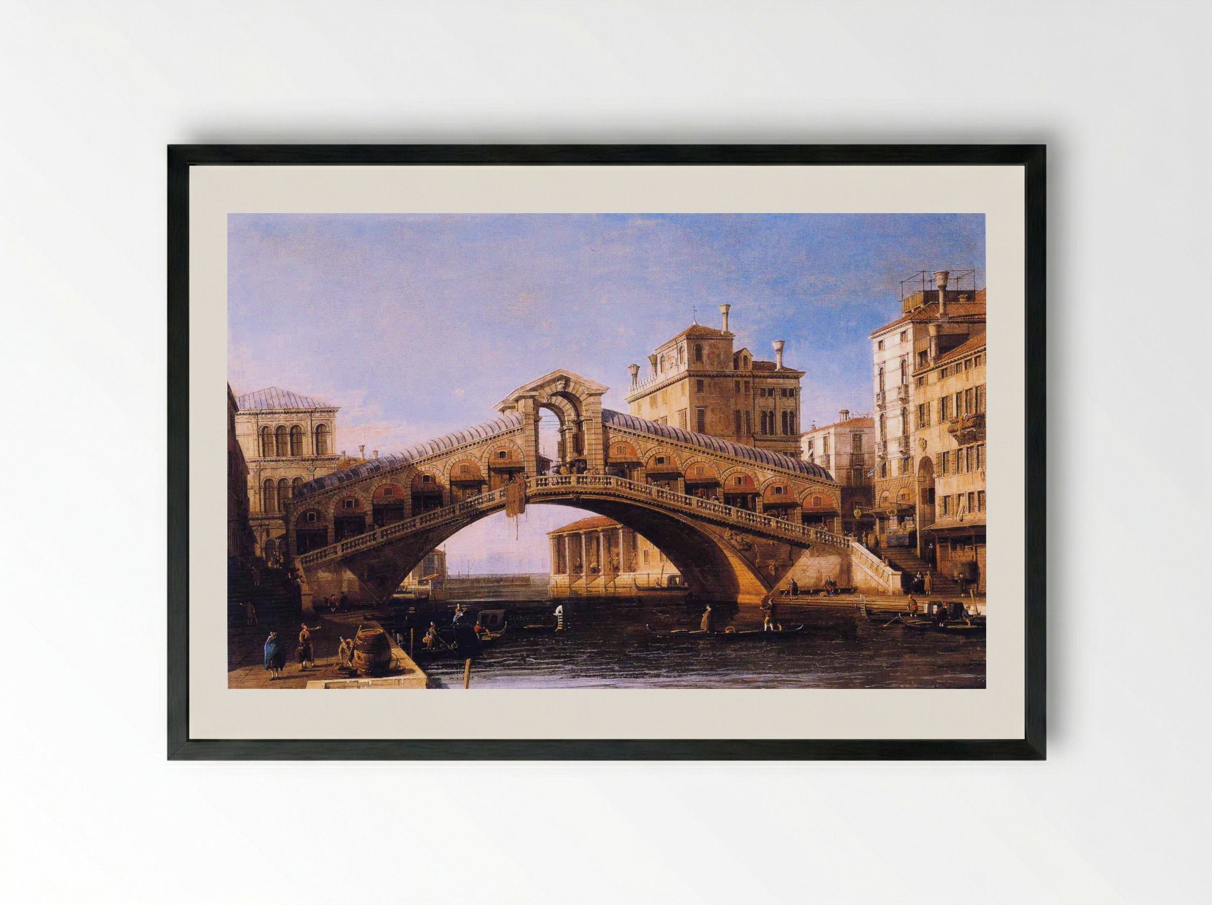 Capriccio of the Rialto Bridge with the Lagoon Beyond - Canaletto - Framed Print Black