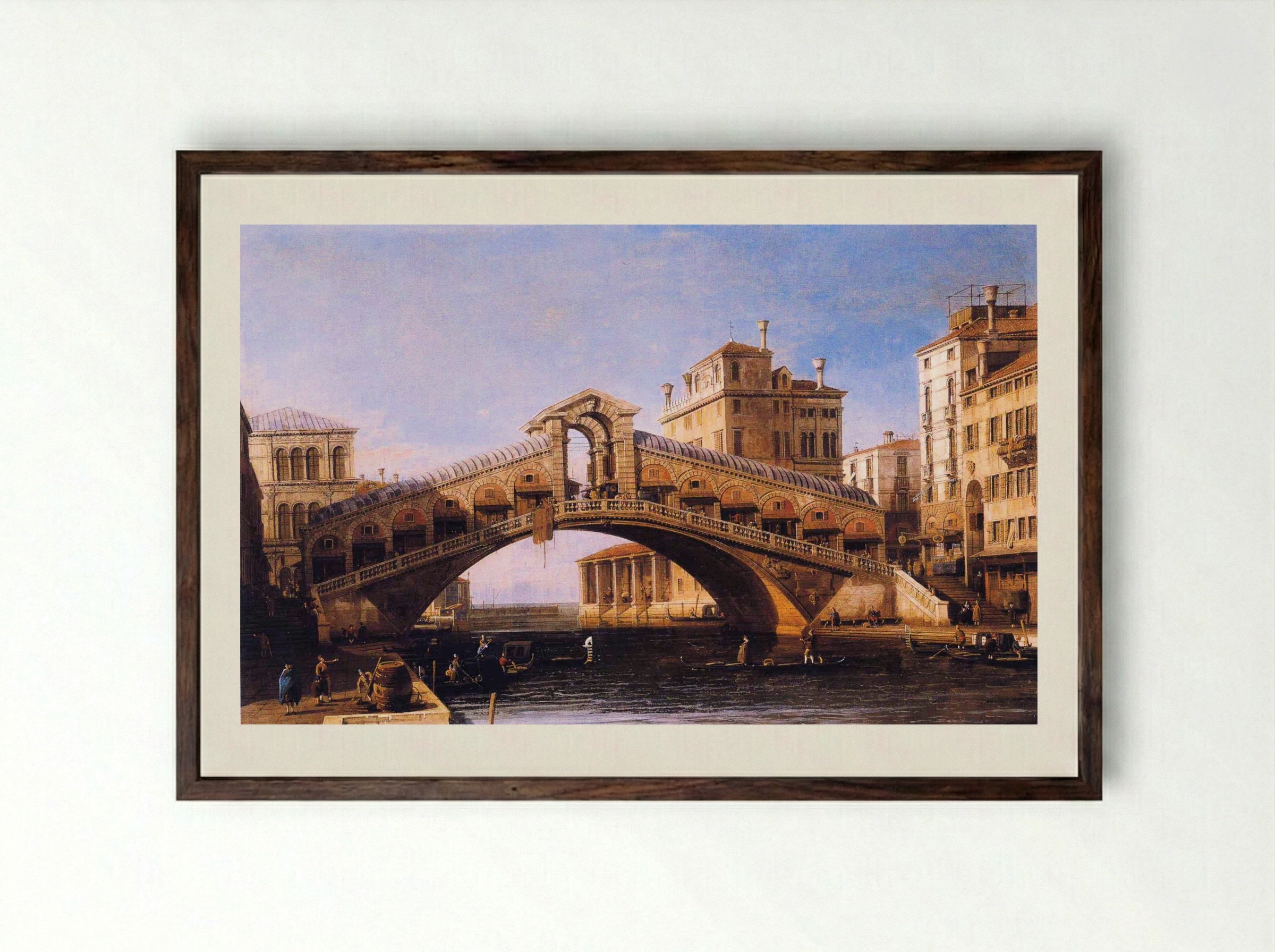 Capriccio of the Rialto Bridge with the Lagoon Beyond - Canaletto - Framed Print Dark Wood