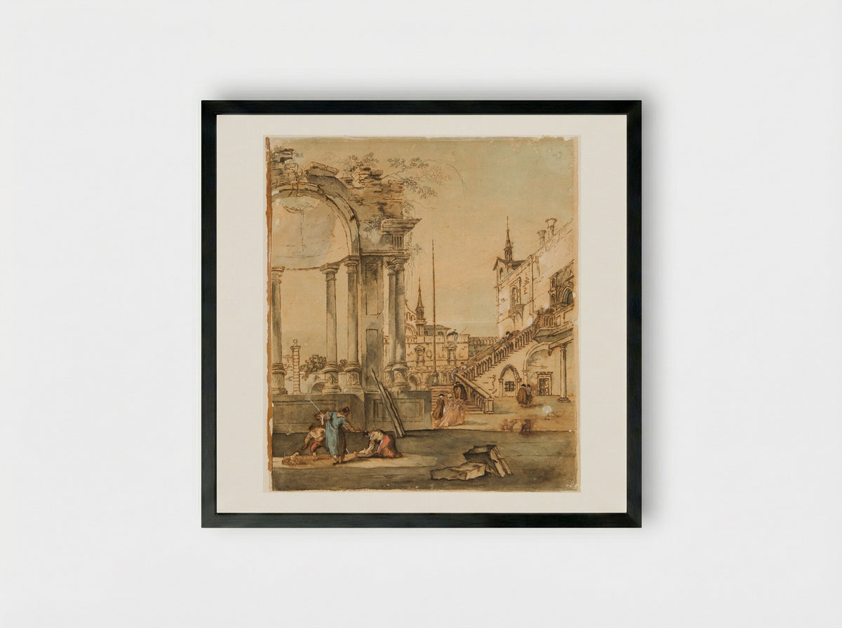 Capriccio with Ruins and Figures - Francesco Guardi - Framed Print Black