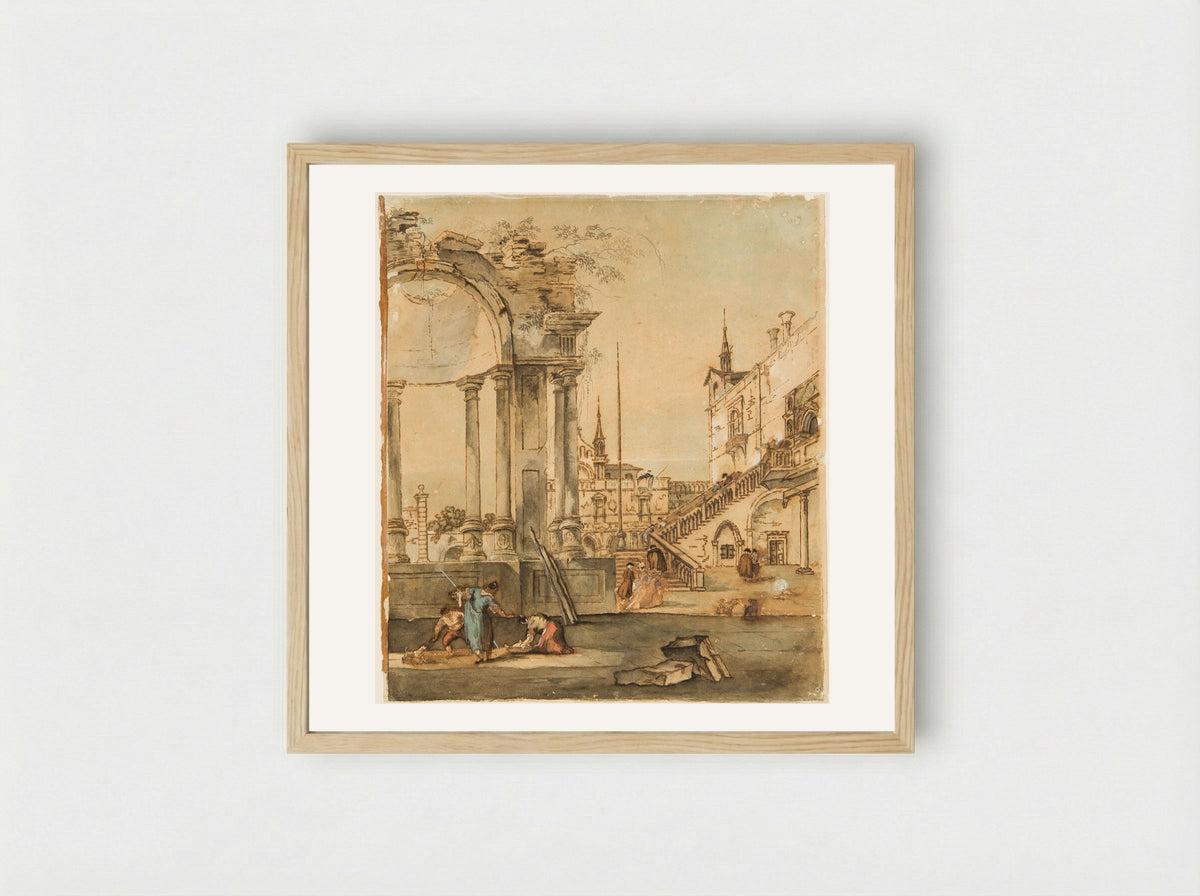 Capriccio with Ruins and Figures - Francesco Guardi - Framed Print Wood