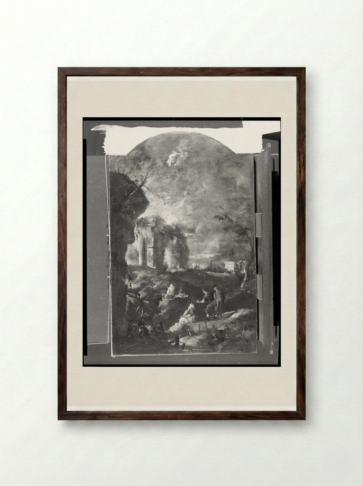 Capriccio: River Landscape with Roman Arch, Villa and Fishermen - Francesco Guardi - Framed Print Dark Wood
