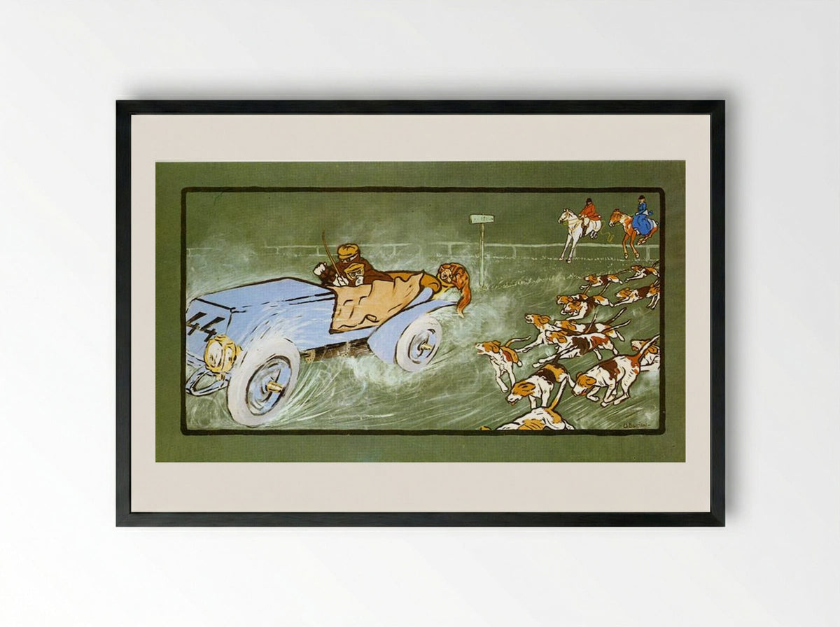 Car and Hunting Fox - Umberto Boccioni - Framed Print Black