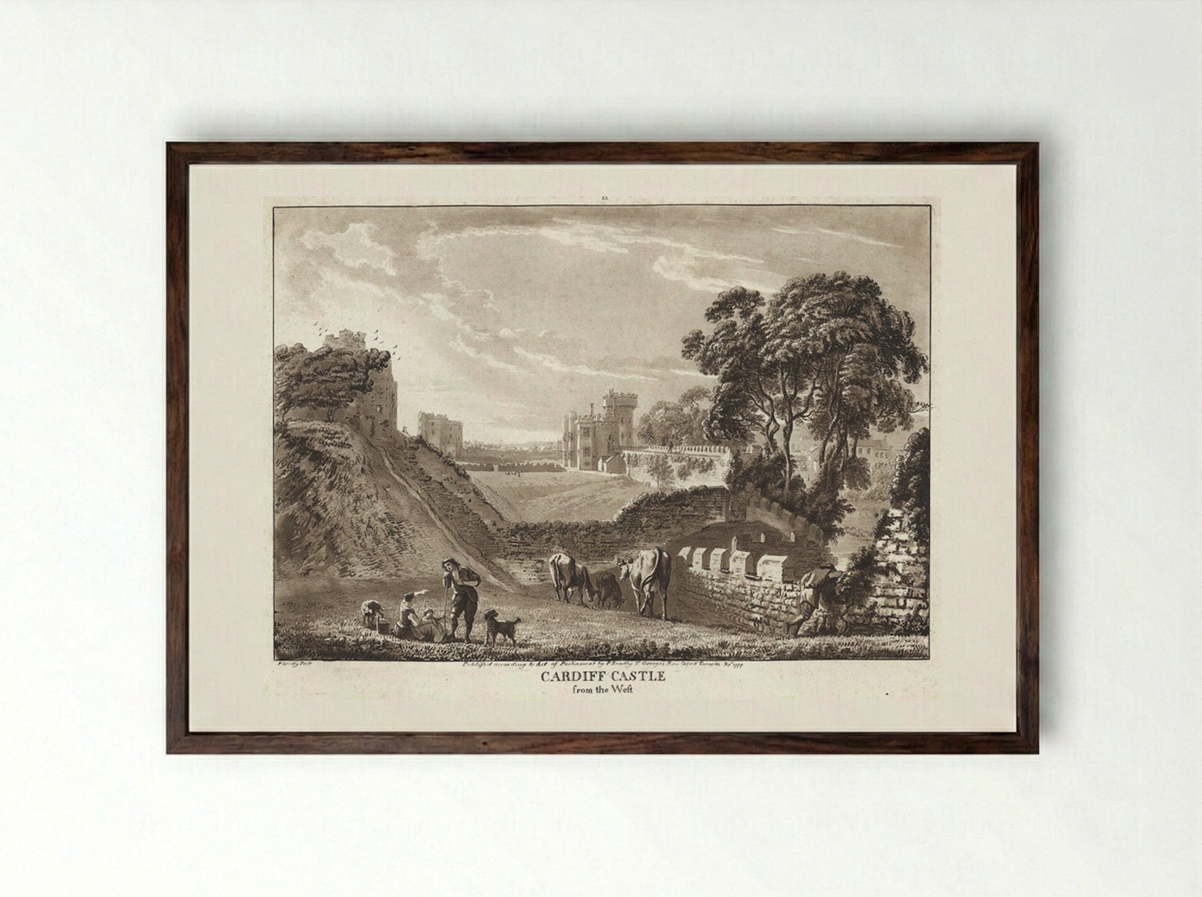 Cardiff Castle from the West - Paul Sandby - Framed Print Dark Wood