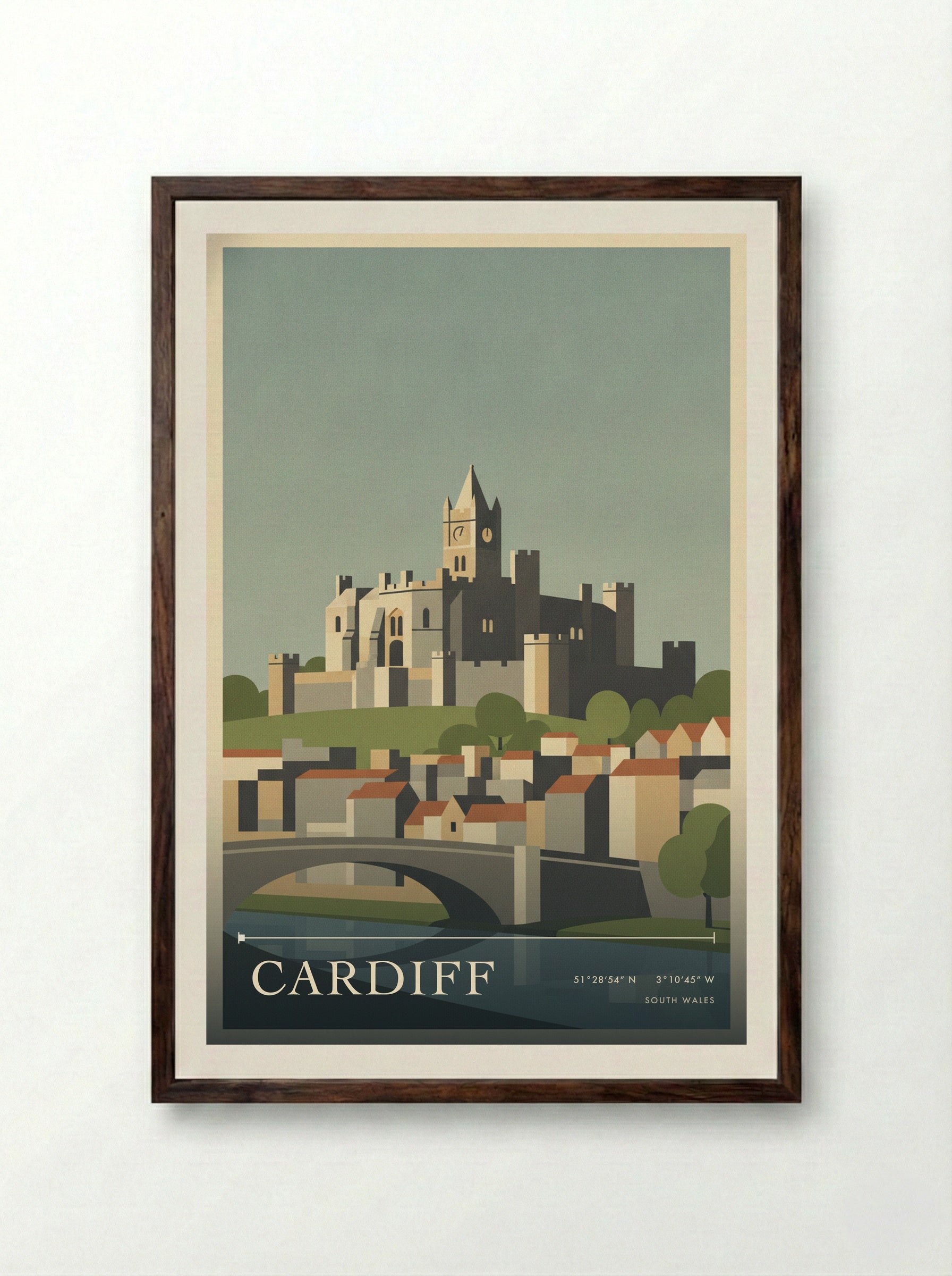 Cardiff South Wales Wales Travel Poster - Framed Print Dark Wood