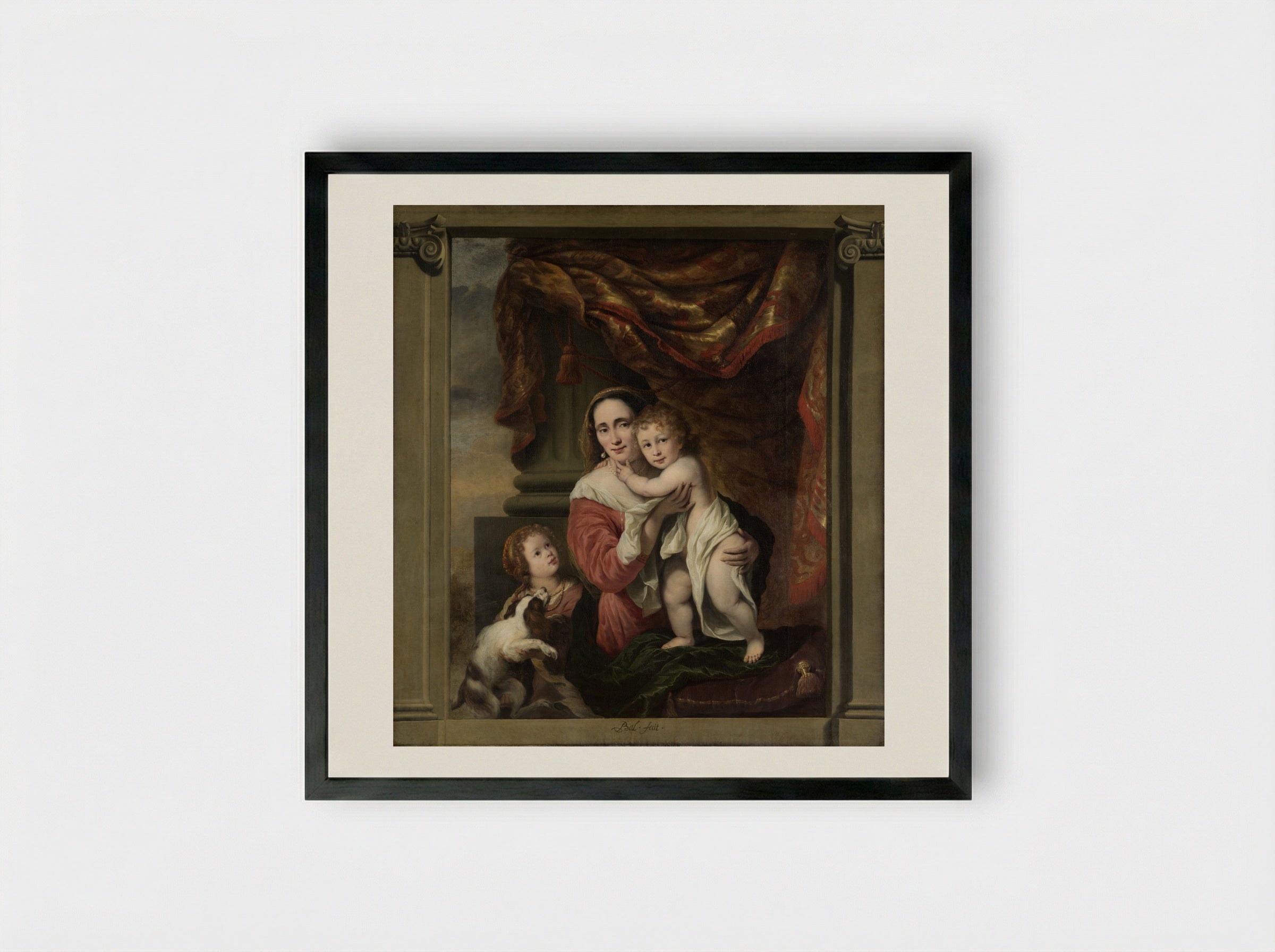 Caritas: Joanna de Geer with her children Cecilia and Laurens Trip - Ferdinand Bol - Framed Print Black