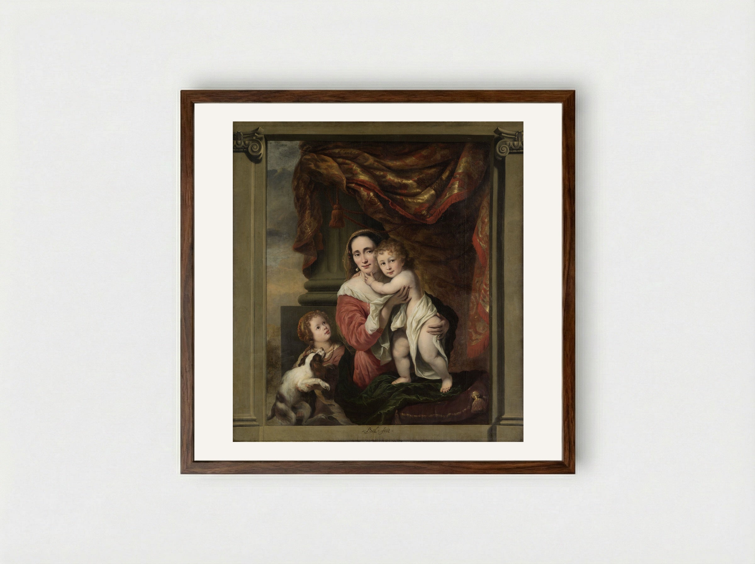 Caritas: Joanna de Geer with her children Cecilia and Laurens Trip - Ferdinand Bol - Framed Print Dark Wood