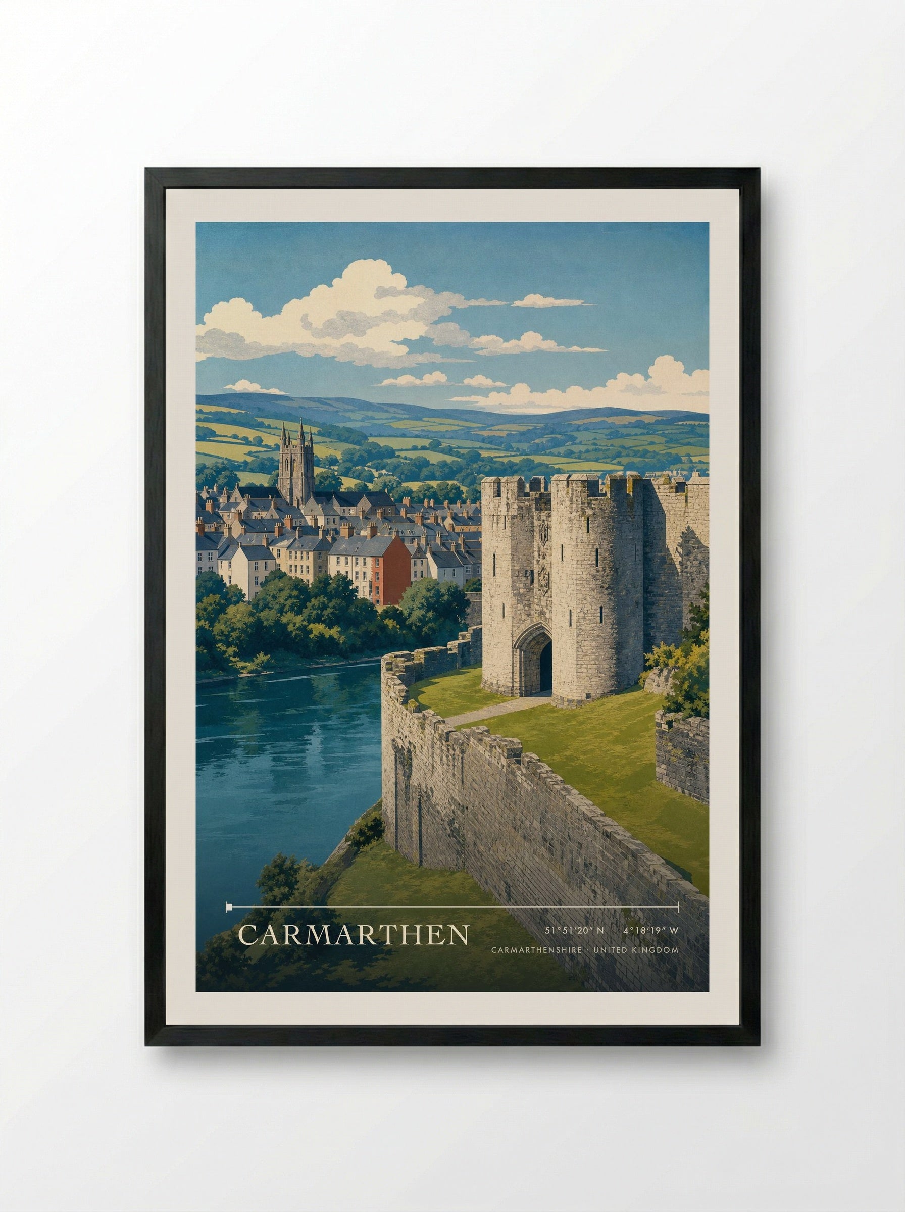 Carmarthen Carmarthenshire United Kingdom Travel Poster - Framed Print Black