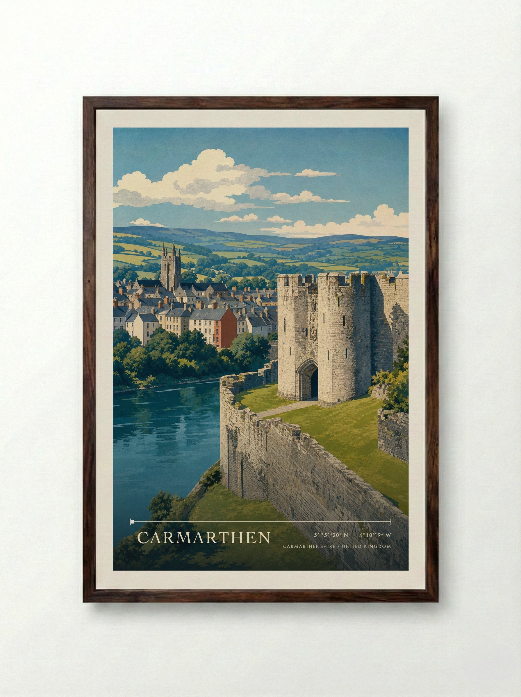 Carmarthen Carmarthenshire United Kingdom Travel Poster - Framed Print Dark Wood