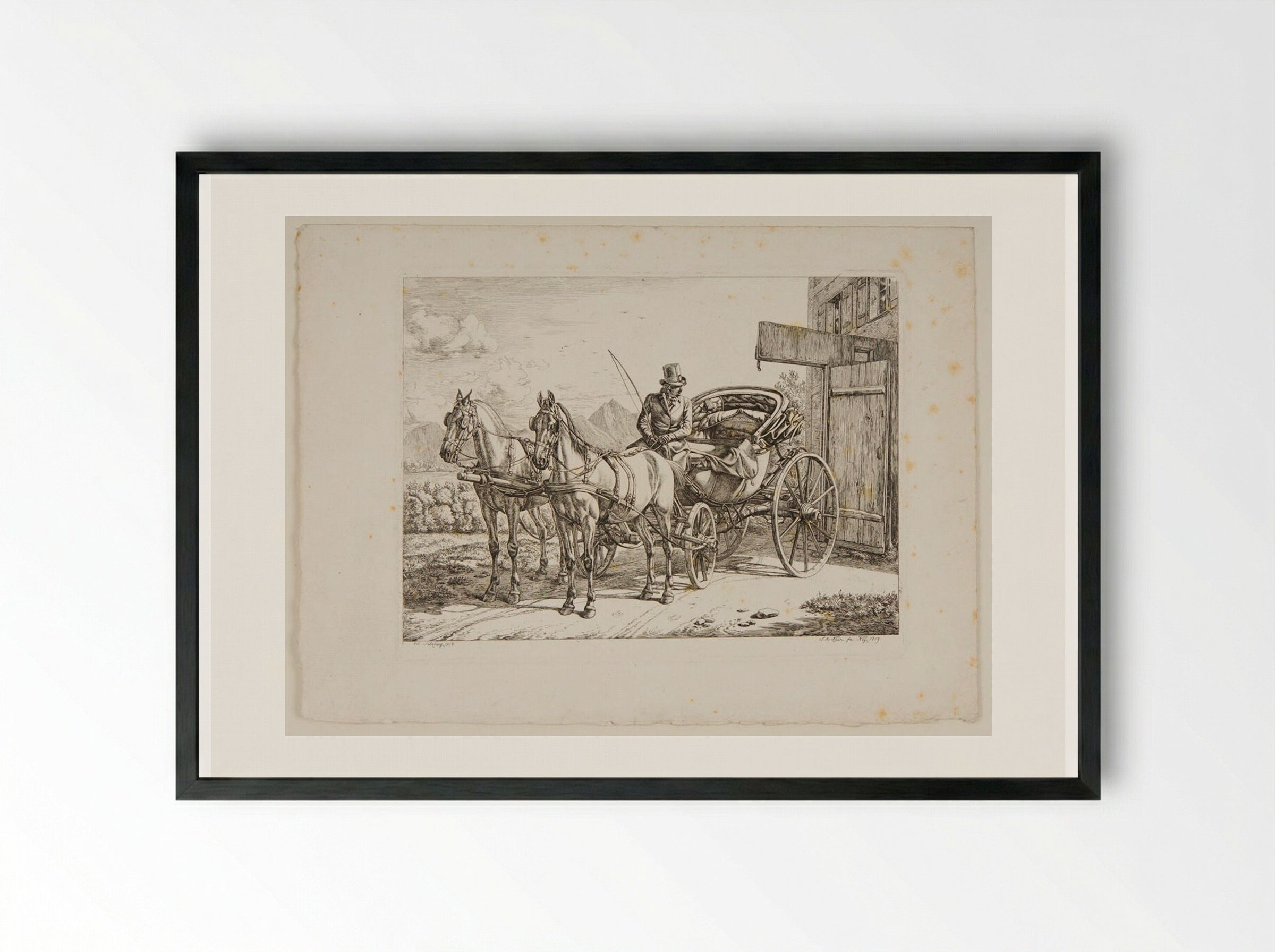 Carriage Drawn by Two Horses - Johann Adam Klein - Framed Print Black