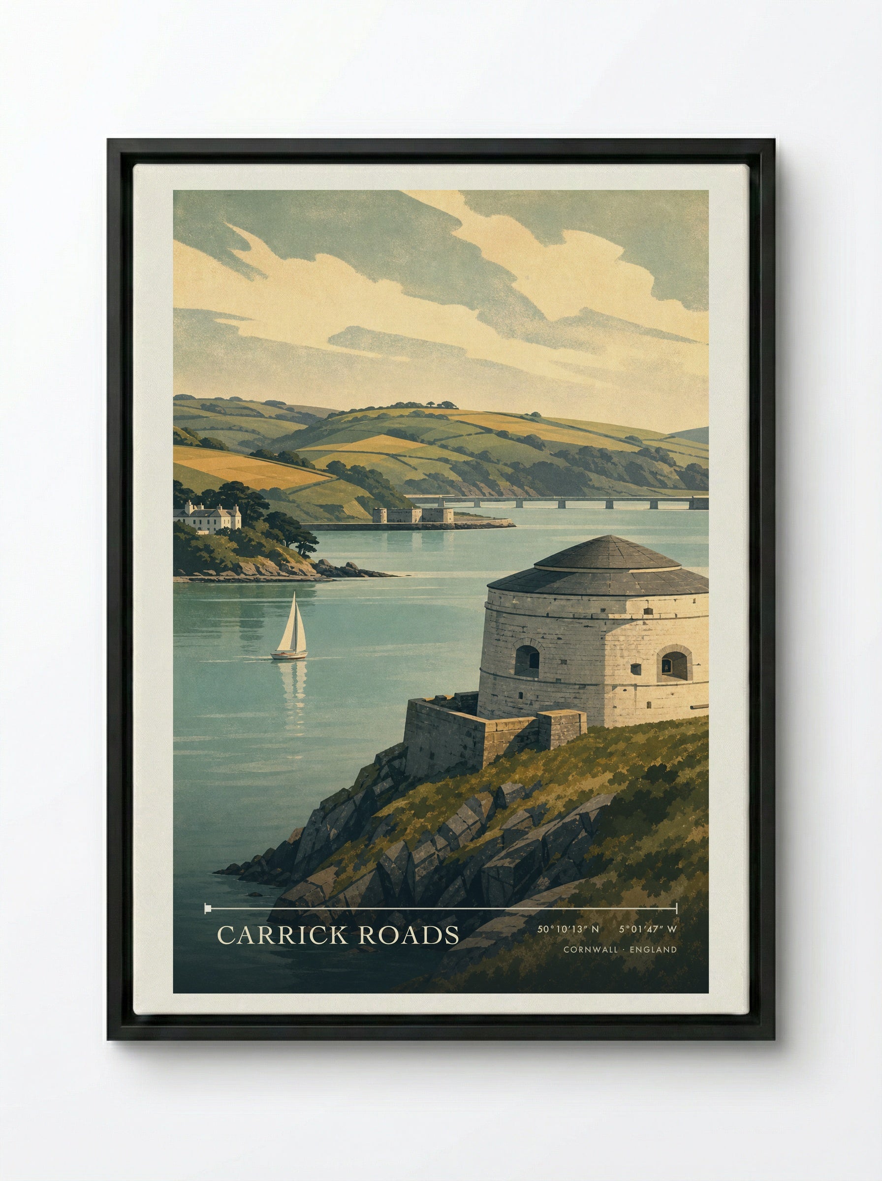 Carrick Roads Cornwall England Travel Poster - Framed Canvas Black