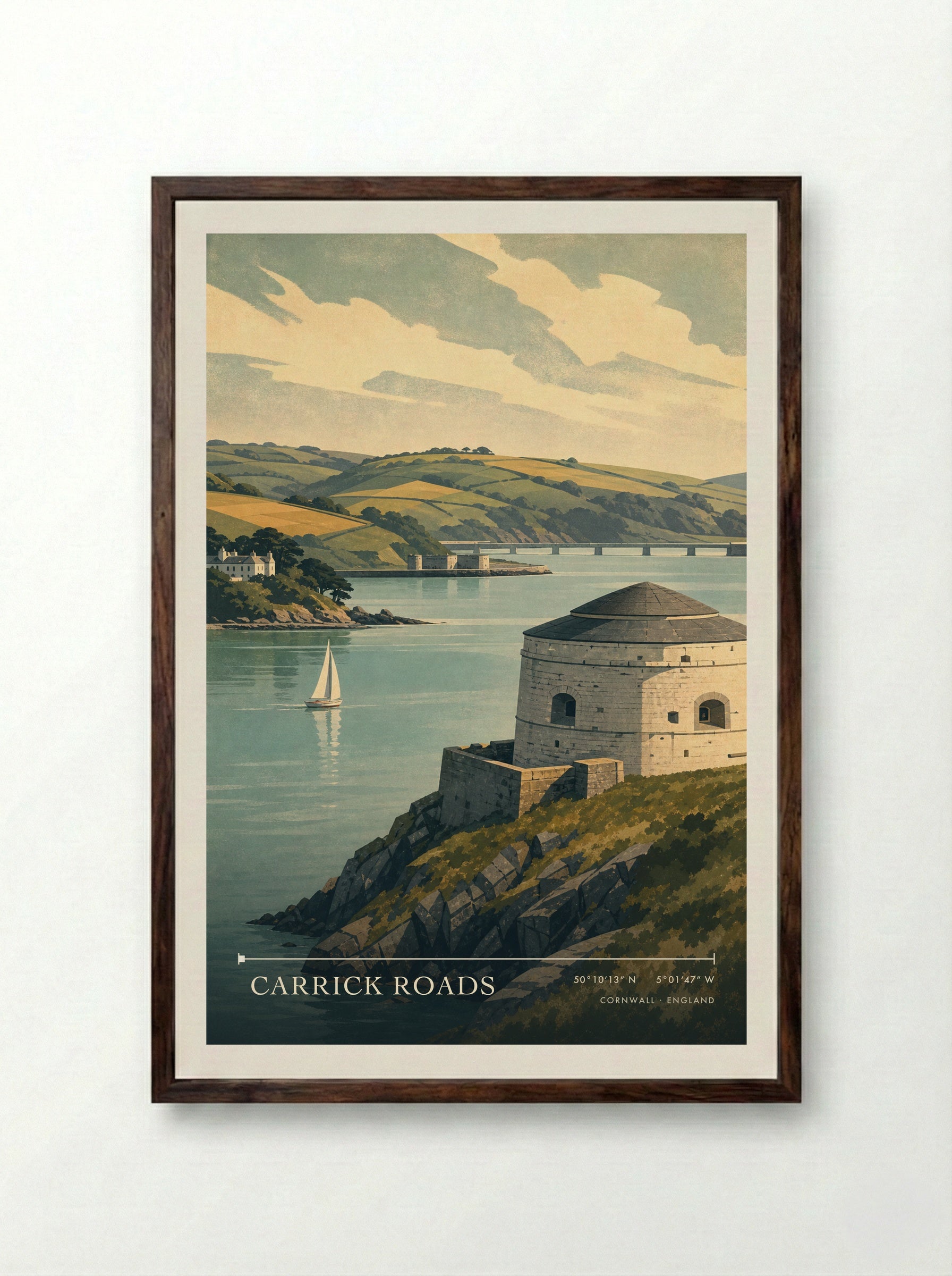 Carrick Roads Cornwall England Travel Poster - Framed Print Dark Wood