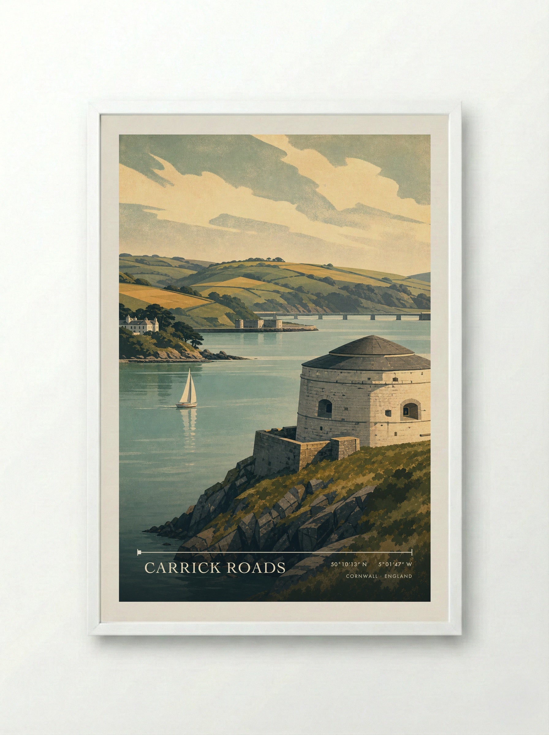 Carrick Roads Cornwall England Travel Poster - Framed Print White