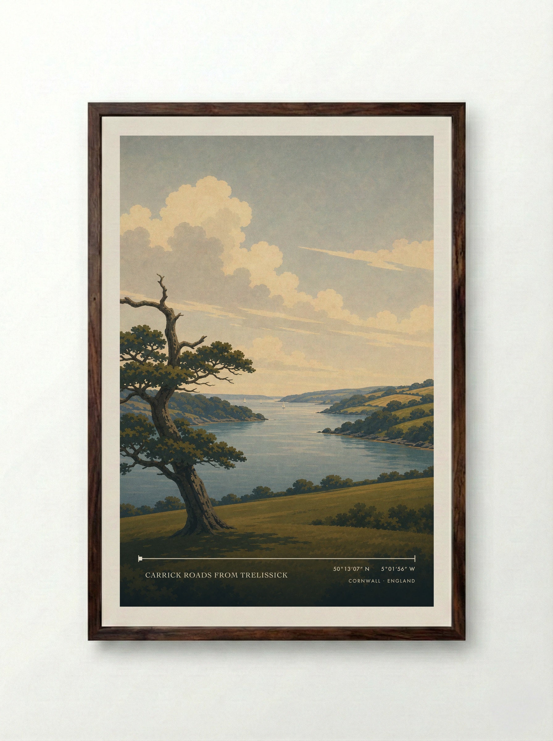Carrick Roads from Trelissick Cornwall England Travel Poster - Framed Print Dark Wood