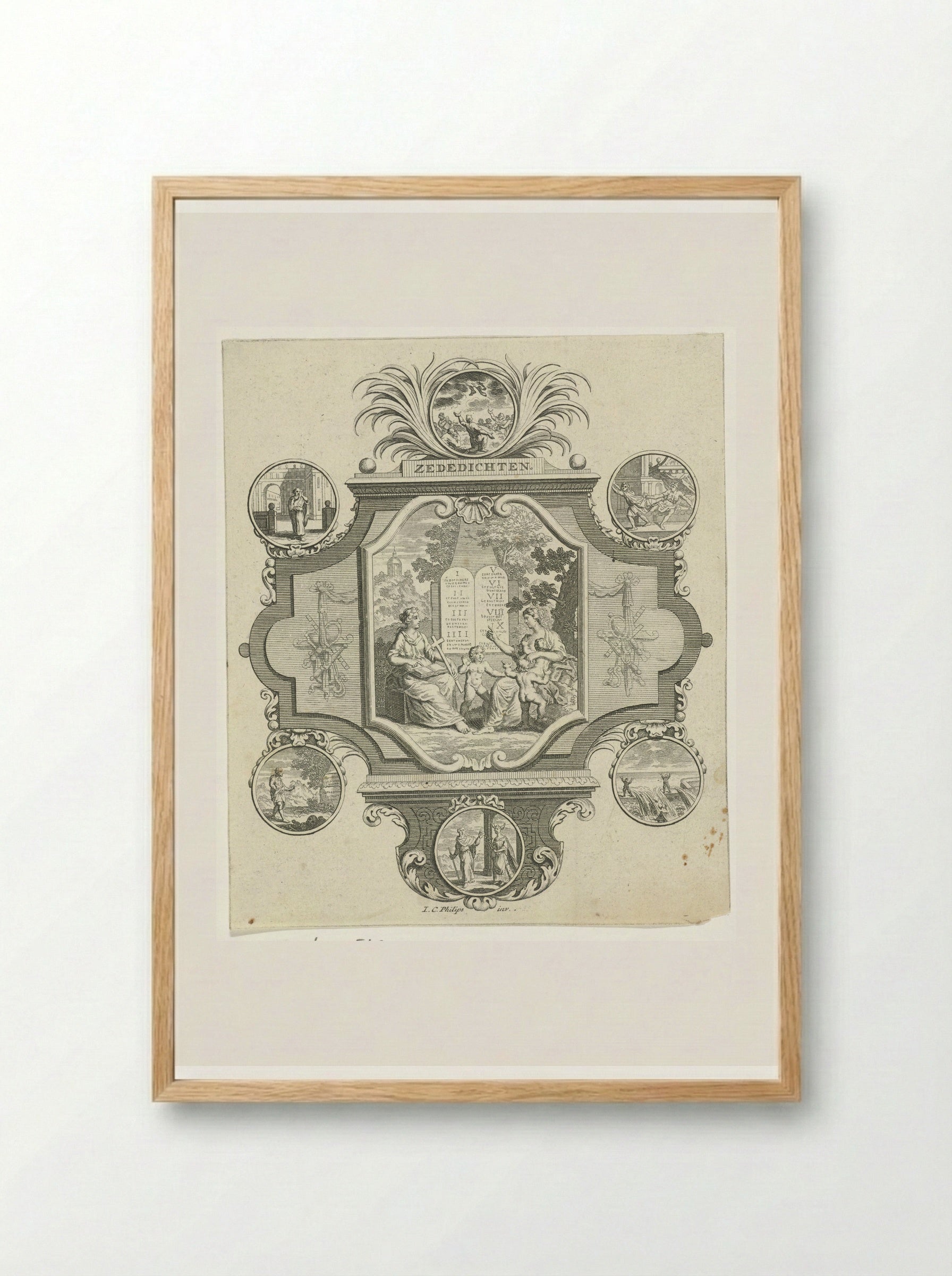 Cartouche met Geloof en Liefde bij de tien geboden - Jan Caspar Philips - Framed Print Wood