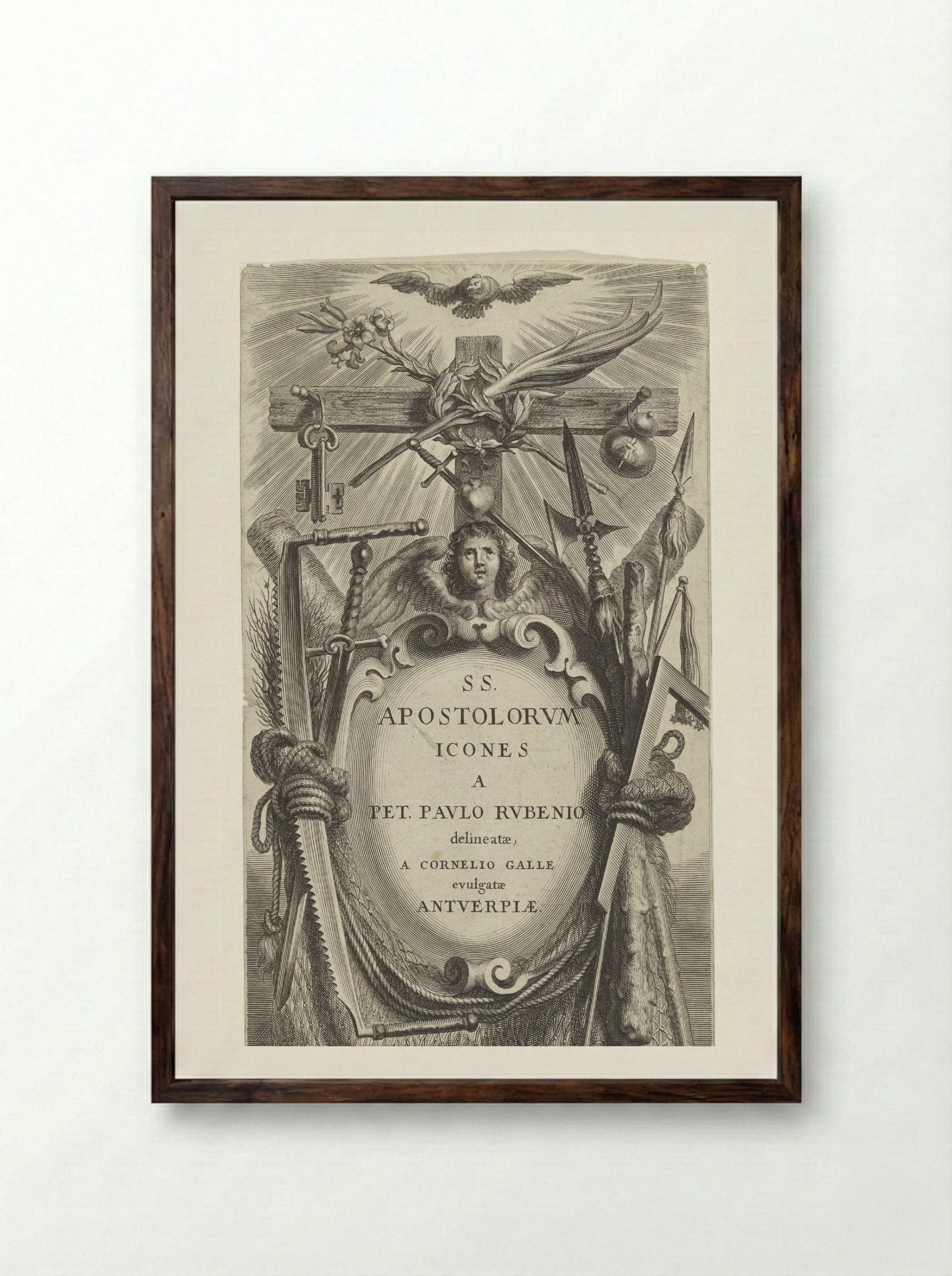 Cartouche with Attributes of the Apostles - Schelte Adamsz. Bolswert - Framed Print Dark Wood