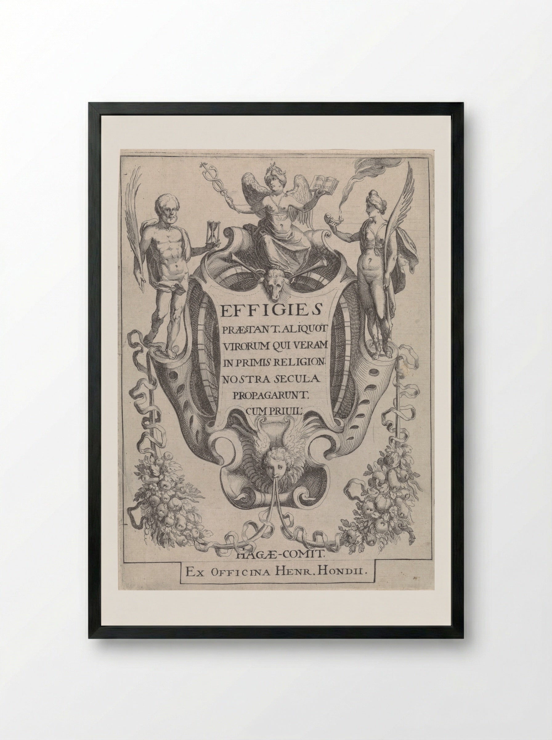 Cartouche with Garlands and Figures - Simon Frisius - Framed Print Black