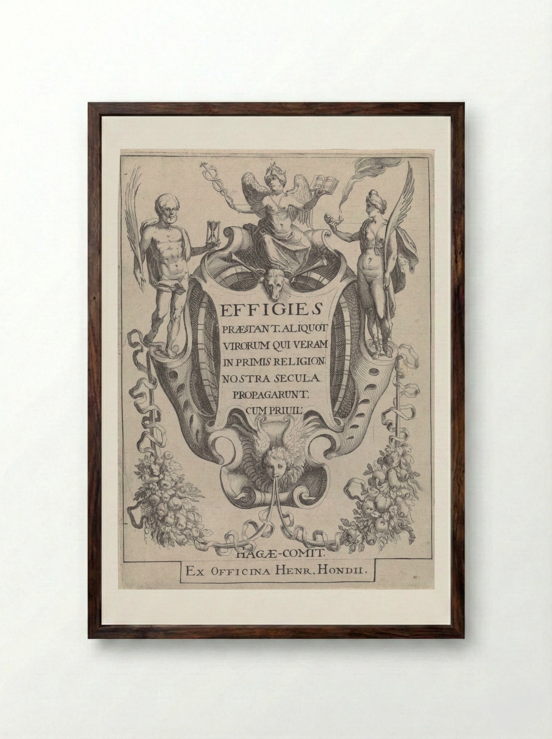 Cartouche with Garlands and Figures - Simon Frisius - Framed Print Dark Wood