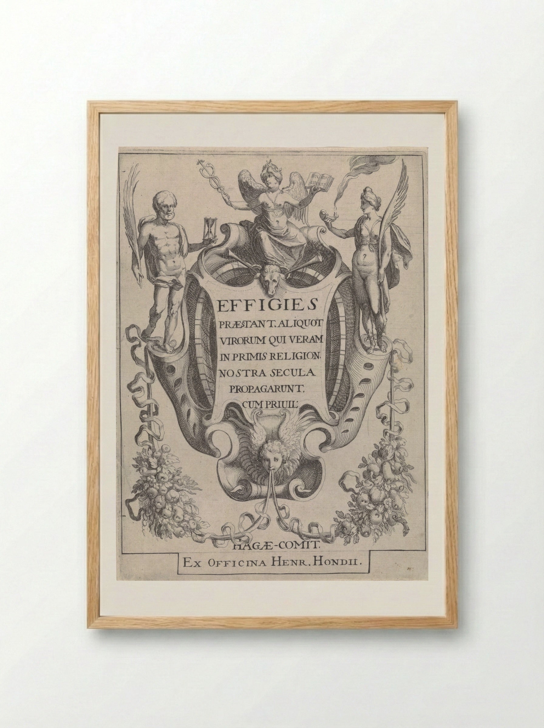 Cartouche with Garlands and Figures - Simon Frisius - Framed Print Wood