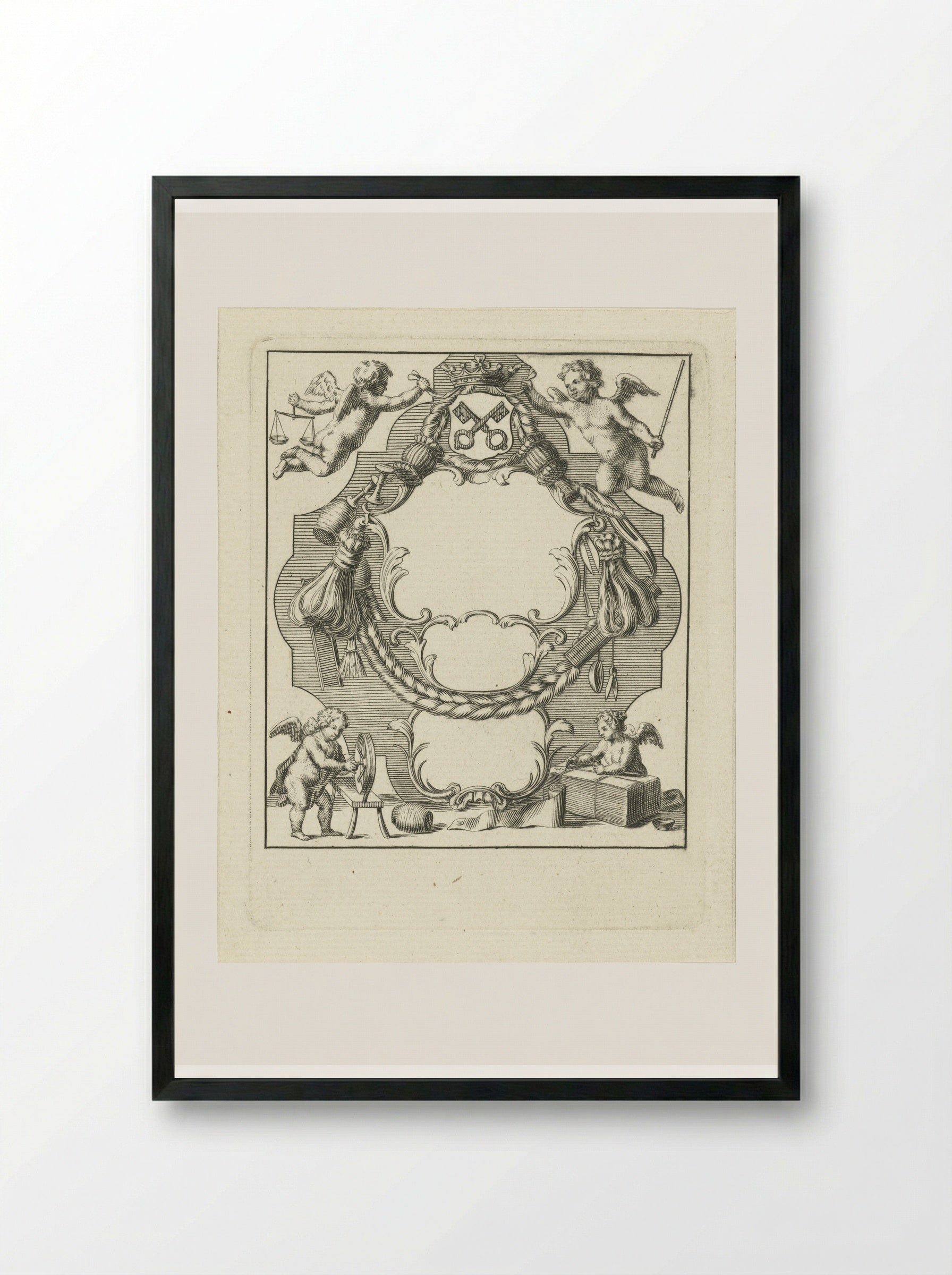 Cartouche with Putti and Wool Industry Implements - Abraham Delfos - Framed Print Black