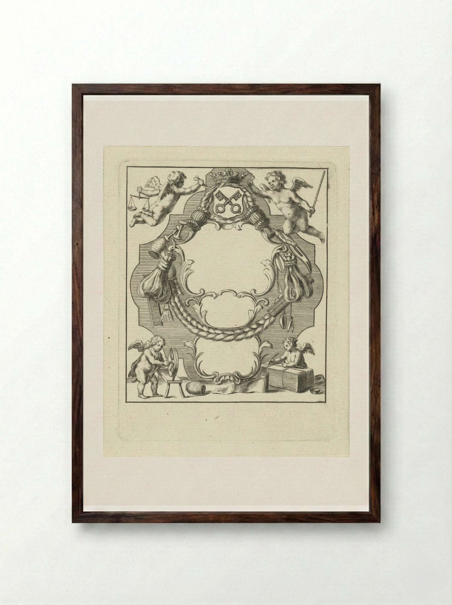 Cartouche with Putti and Wool Industry Implements - Abraham Delfos - Framed Print Dark Wood