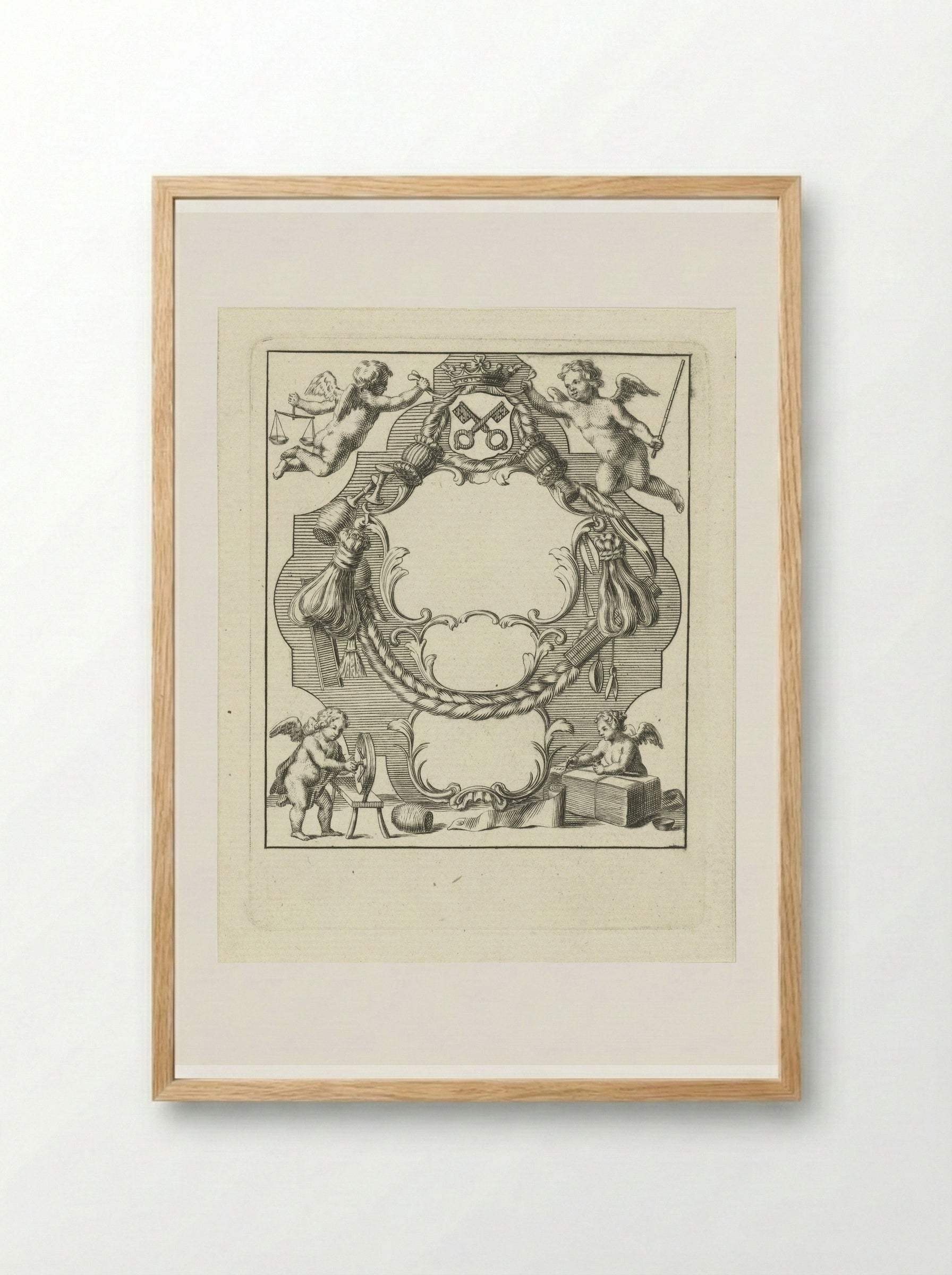 Cartouche with Putti and Wool Industry Implements - Abraham Delfos - Framed Print Wood
