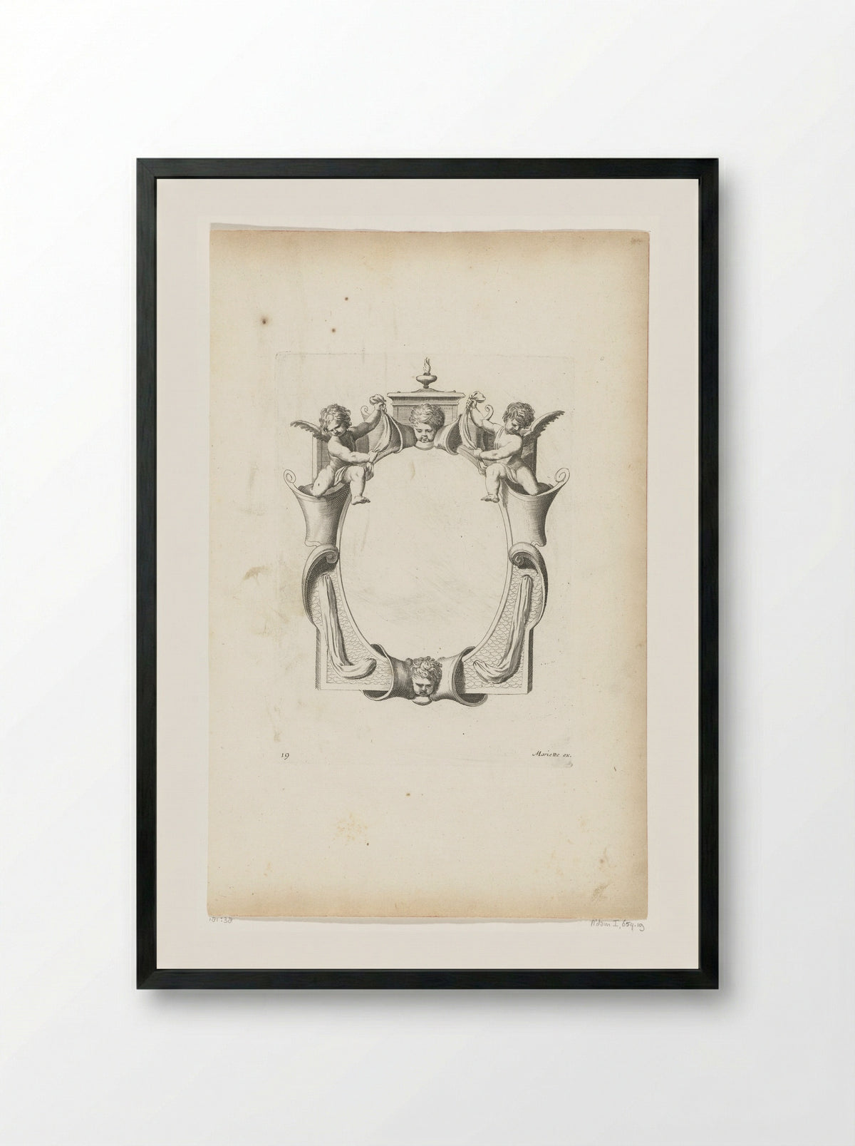 Cartouche with Two Children's Heads and Two Putti - Pierre Firens - Framed Print Black