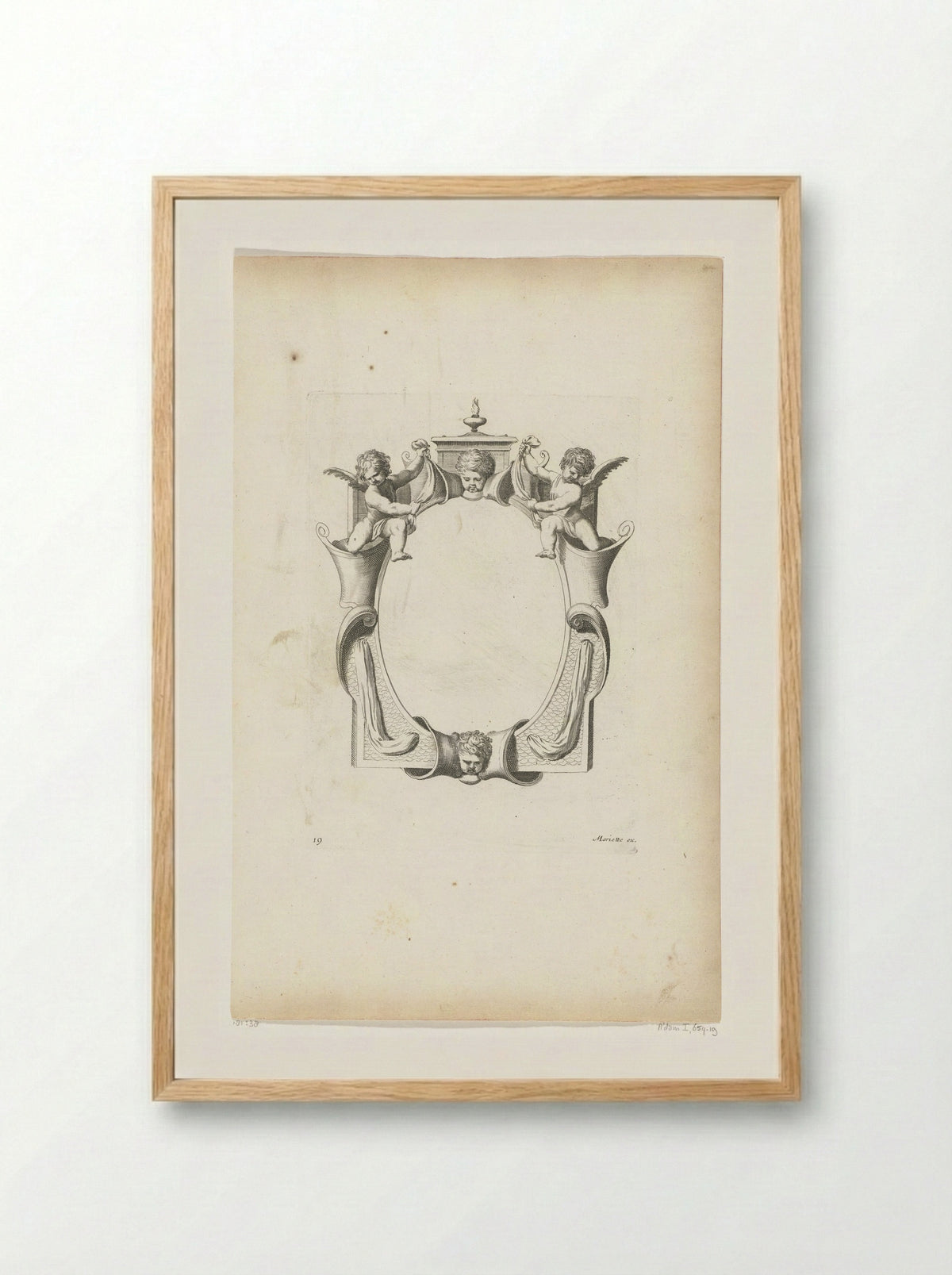 Cartouche with Two Children's Heads and Two Putti - Pierre Firens - Framed Print Wood