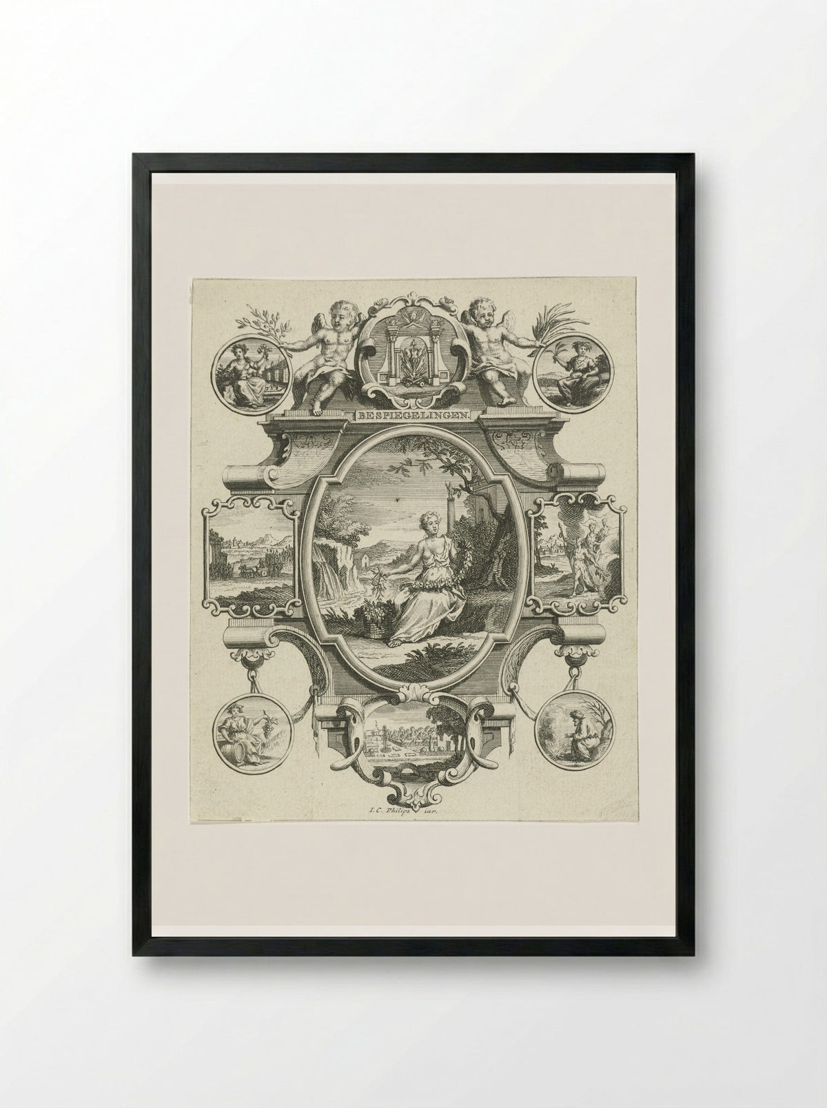 Cartouche with Woman in a Landscape - Jan Caspar Philips - Framed Print Black