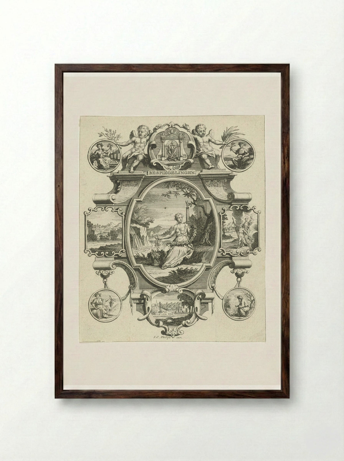 Cartouche with Woman in a Landscape - Jan Caspar Philips - Framed Print Dark Wood