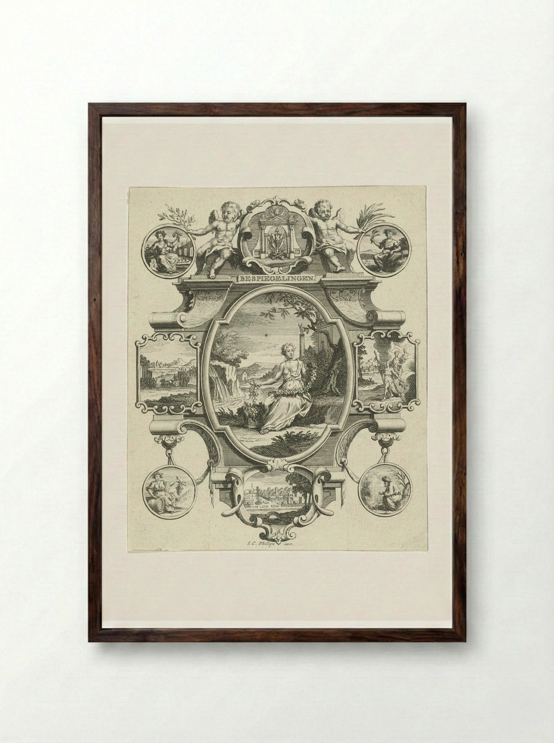 Cartouche with Woman in a Landscape - Jan Caspar Philips - Framed Print Dark Wood