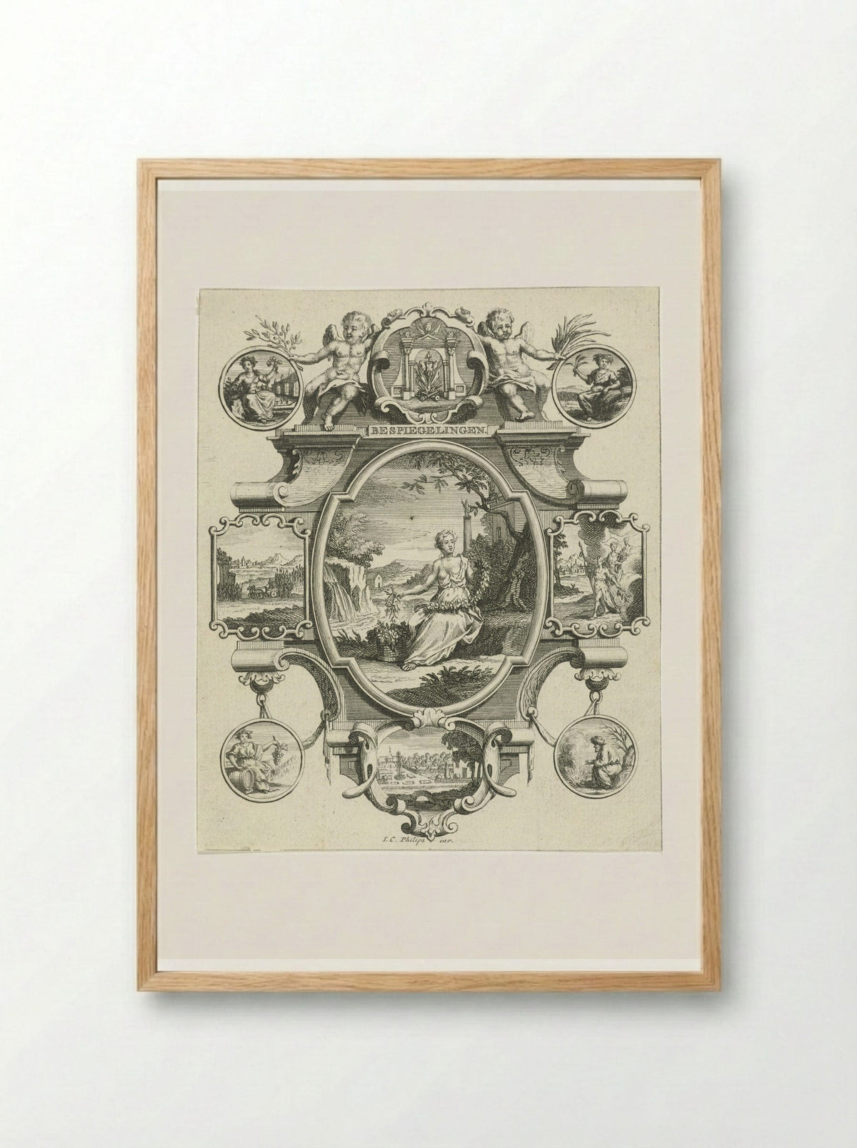 Cartouche with Woman in a Landscape - Jan Caspar Philips - Framed Print Wood
